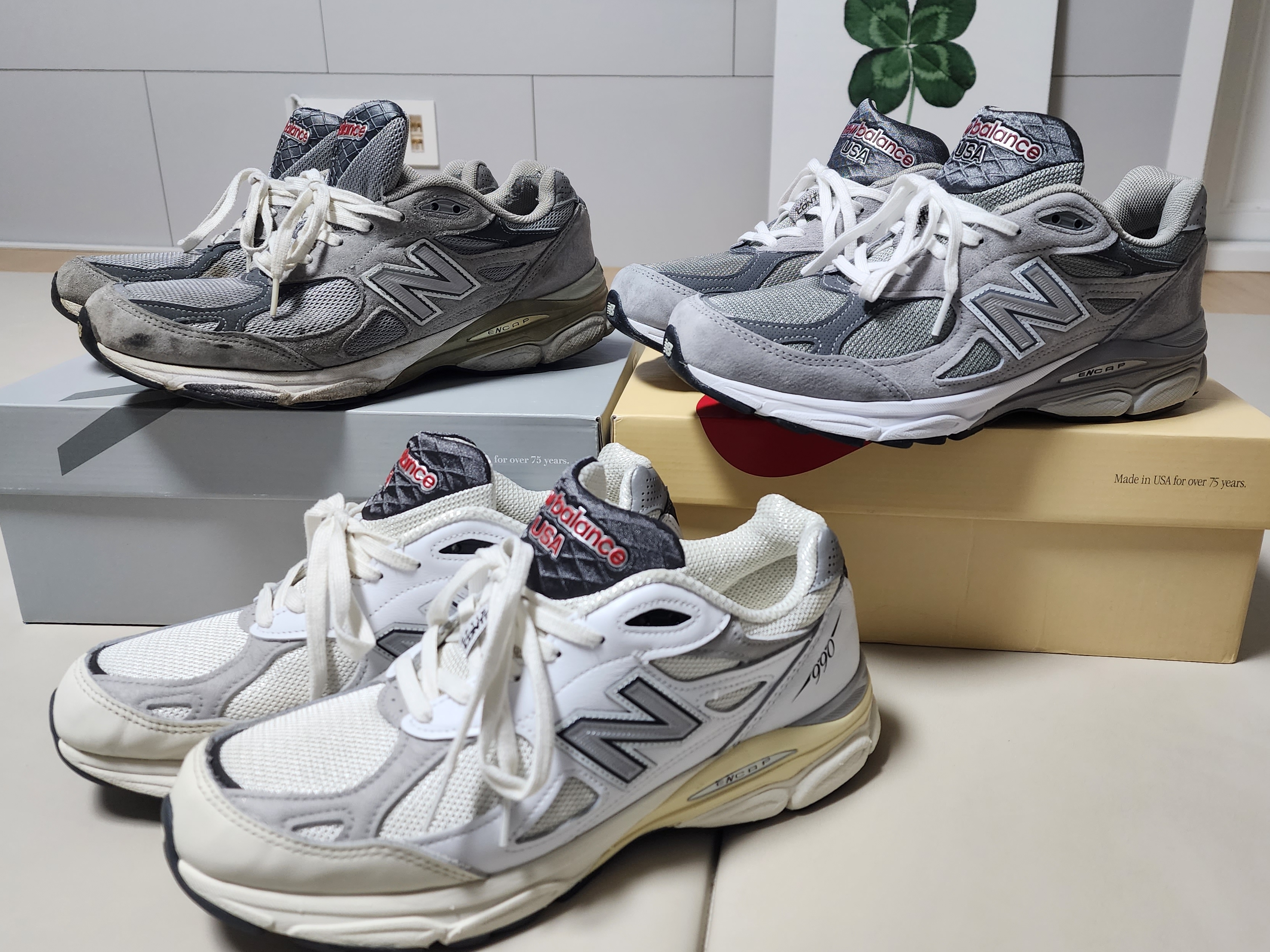 New Balance 990v3 Made in USA Grey - D Standard, New Balance 990v3 Made in USA Sea Salt 착용 스타일 - 4