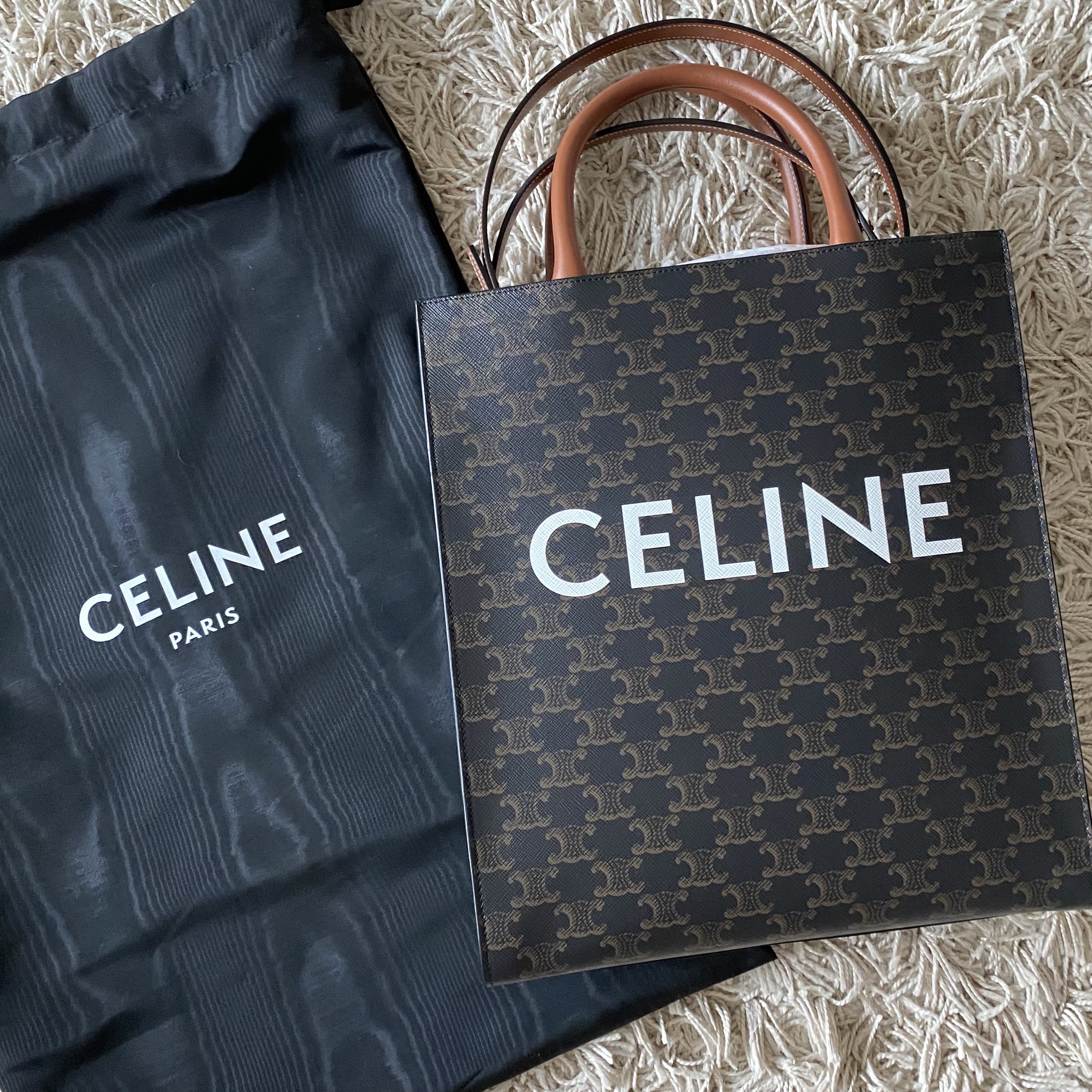 Celine Small Cabas Vertical in Triomphe Canvas Calfskin Tan 착용 스타일