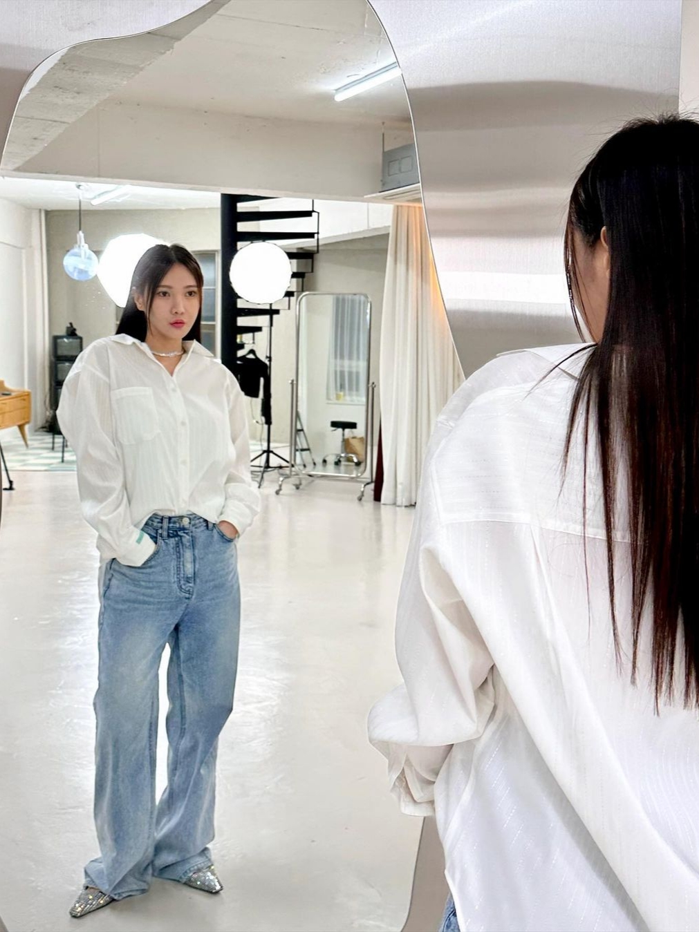 Instantfunk Women Needlework Basic Striped Shirt White, Instantfunk Women Wide 03 Light Blue 착용 스타일