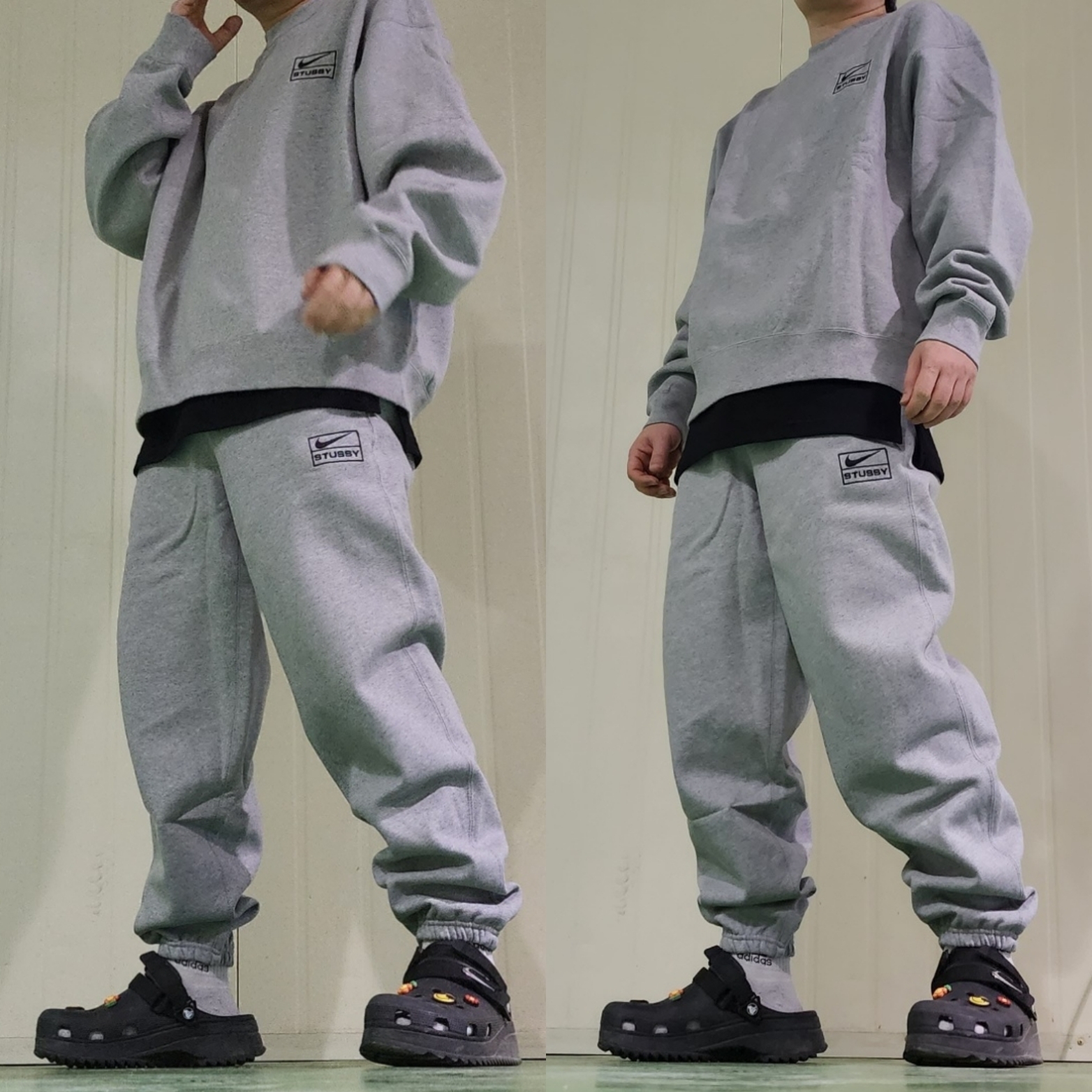 Nike x Stussy NRG Fleece Pants Dark Grey Heather (DO9340-063), Nike x Stussy NRG Fleece Crewneck Dark Grey Heather (DO9337-063) 착용 스타일
