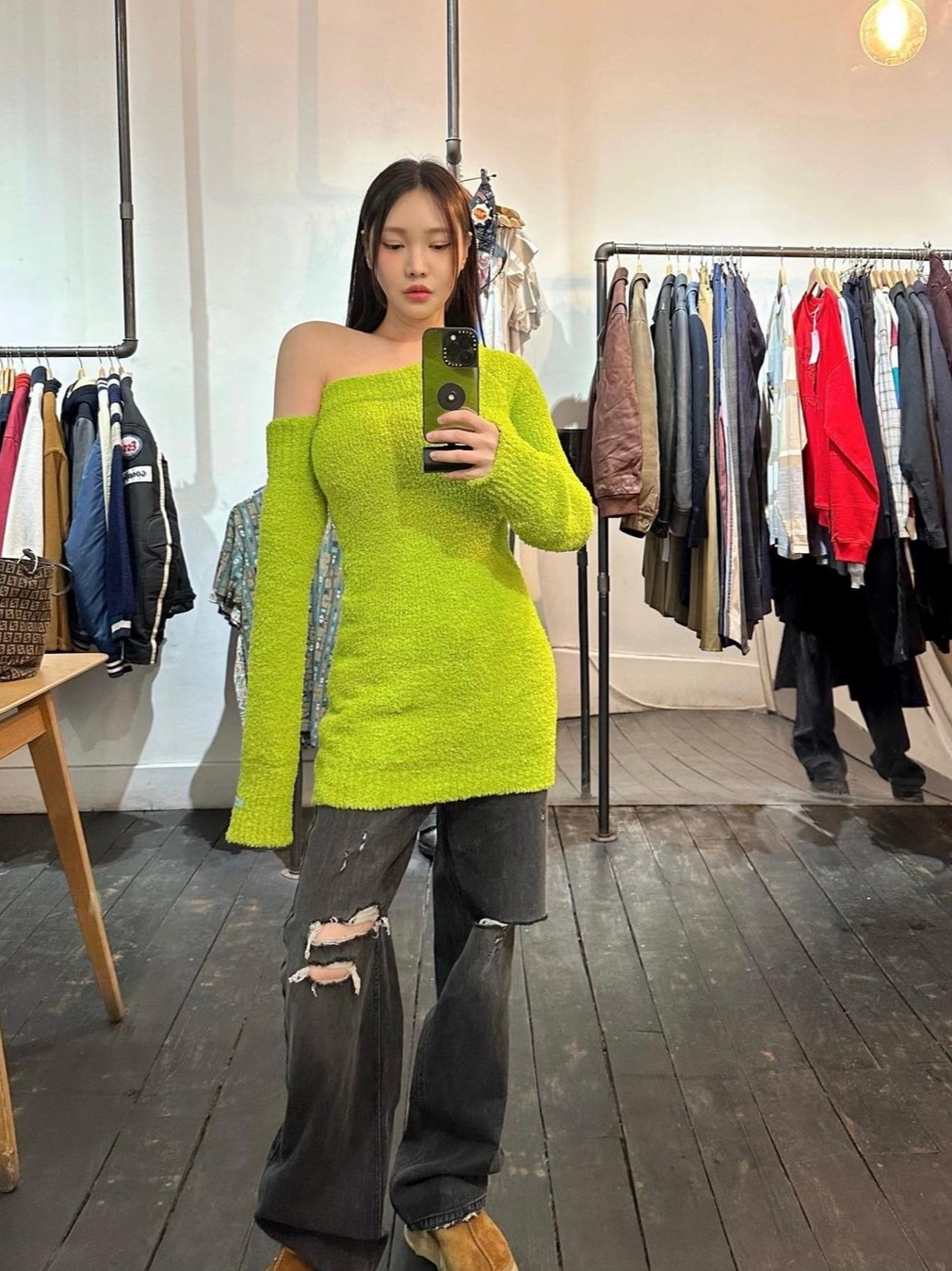 Instantfunk Women One Shoulder Knited Mini Dress Green, Instantfunk Women Destroyed Straight Leg Denim Jeans Black 착용 스타일