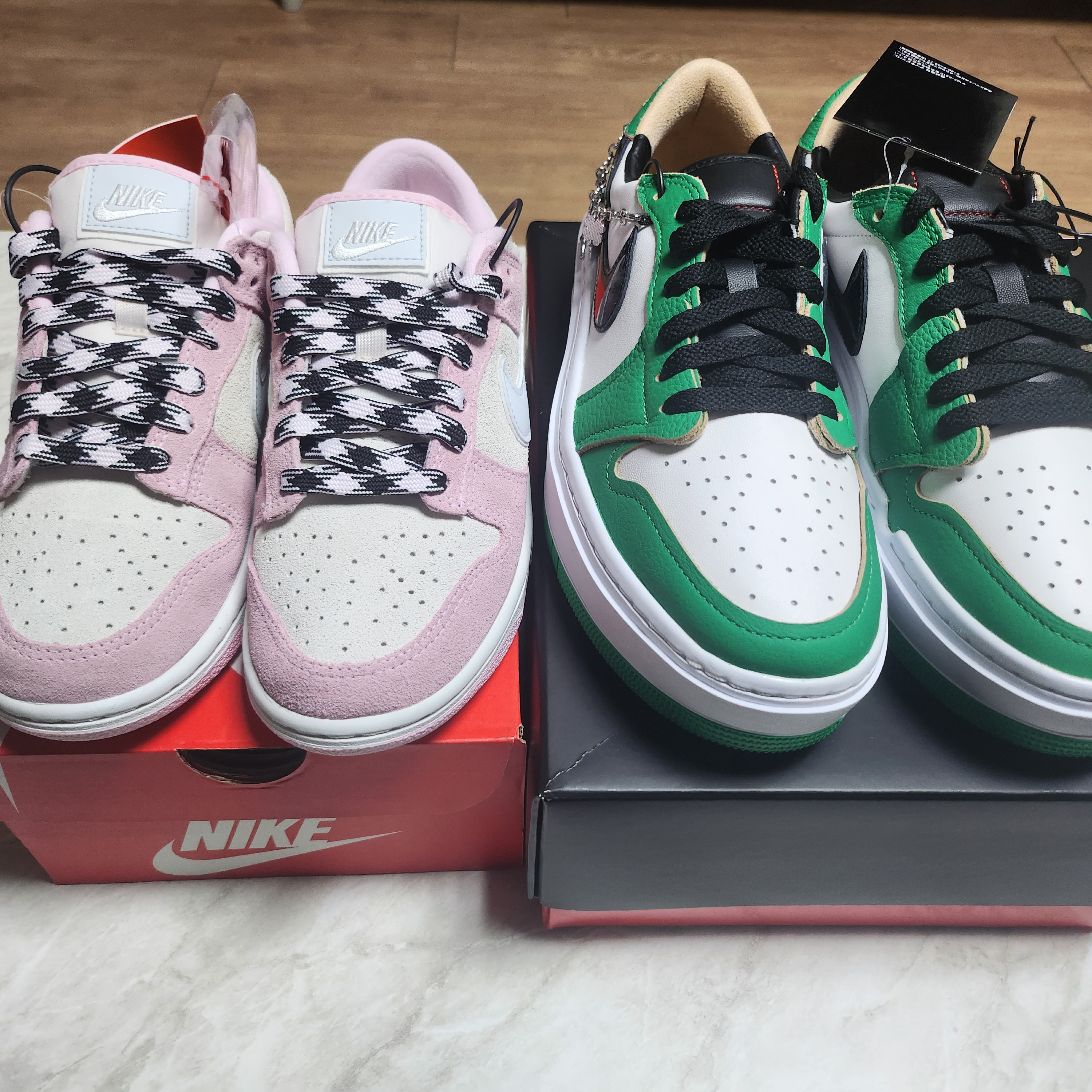 (W) Nike Dunk Low LX Pink Foam, (W) Jordan 1 Elevate Low SE Lucky Green 착용 스타일