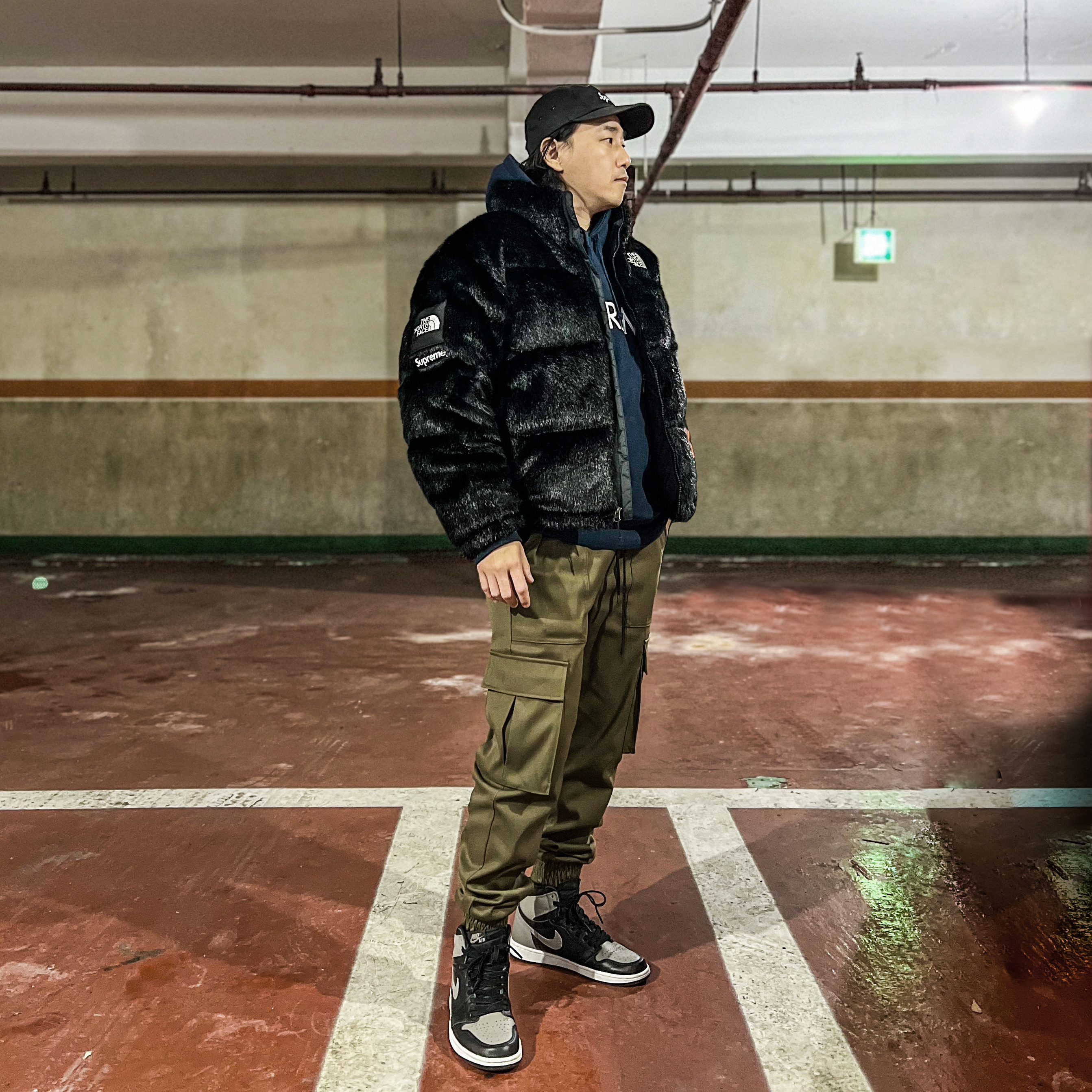 Supreme Military Camp Cap Black - 21SS, Supreme x The North Face Faux Fur Nuptse Jacket Black - 20FW 착용 스타일