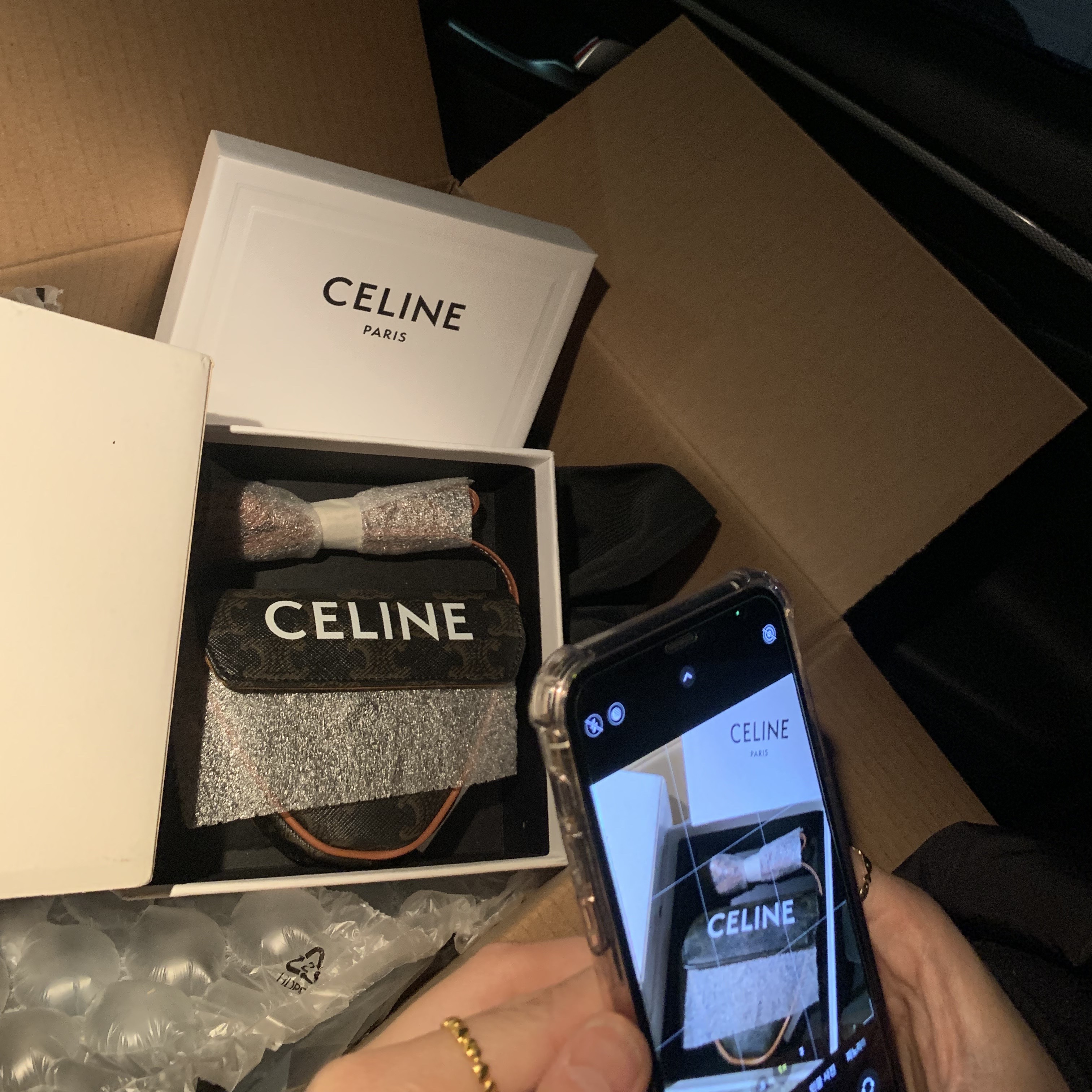 Celine Mini Triangle in Triomphe Canvas with Celine Print Tan 착용 스타일