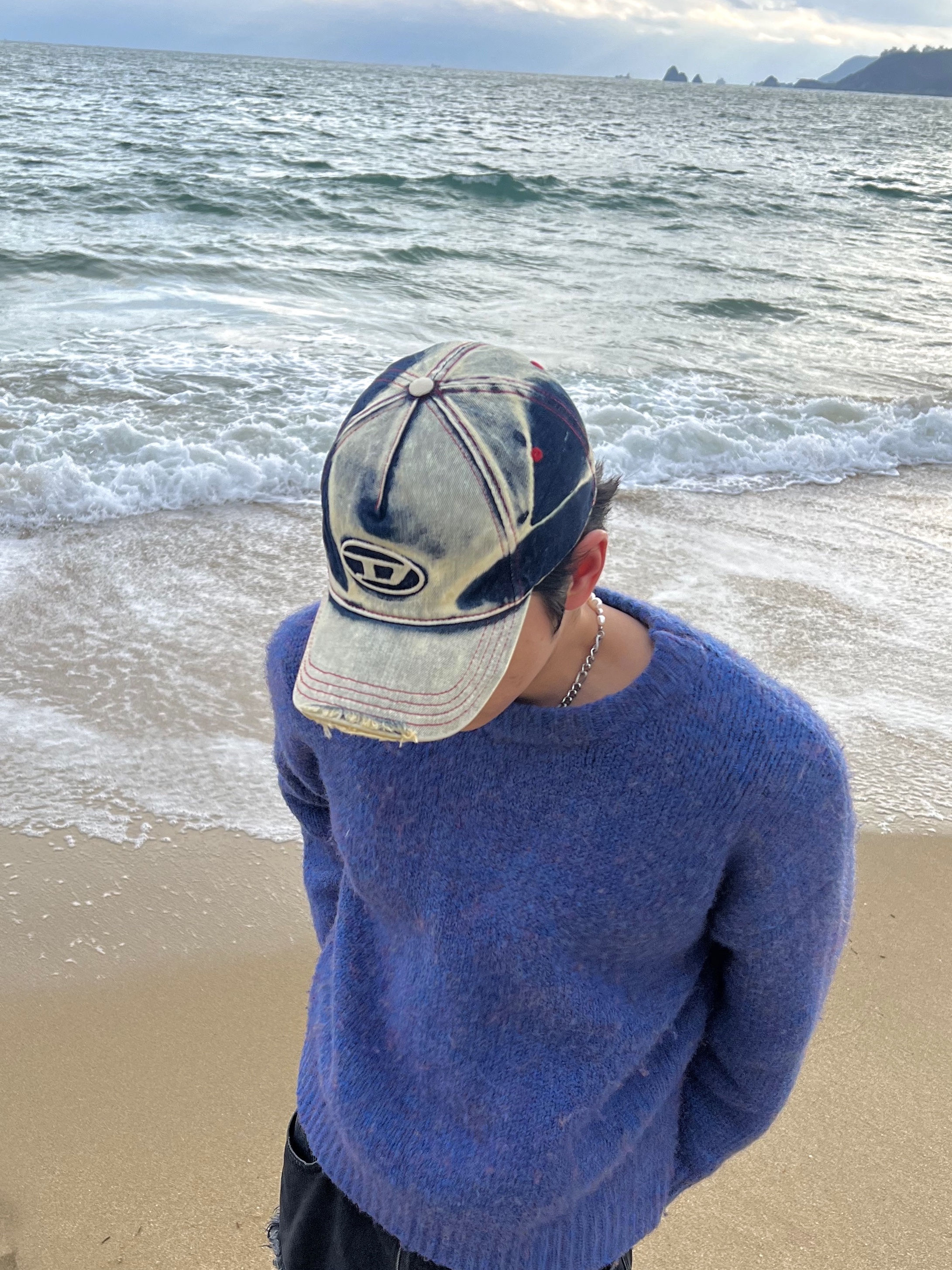 Diesel C-Seymon Treated Denim Baseball Cap Blue White 착용 스타일 - 2