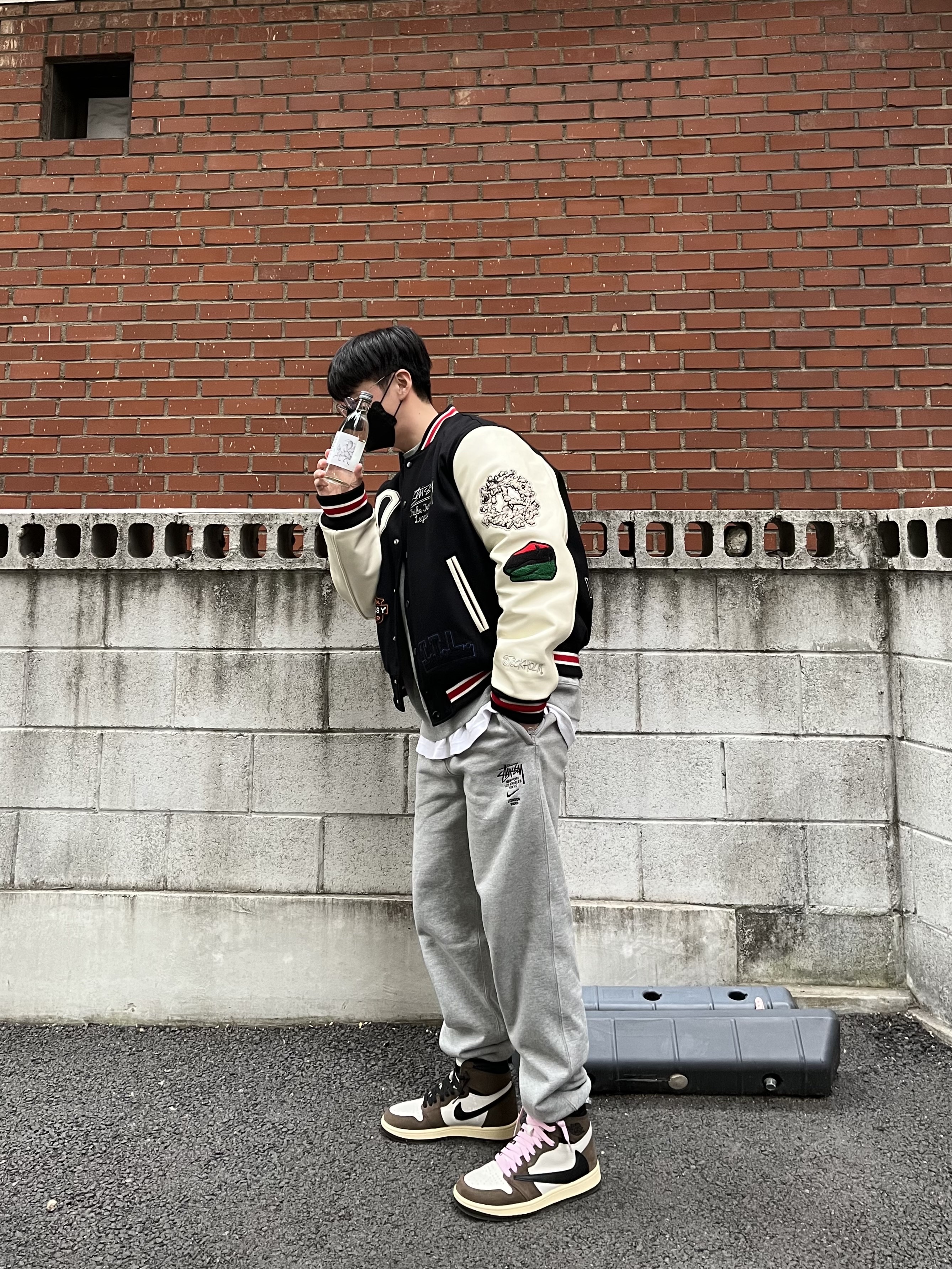 Stussy x Our Legacy x Denim Tears TTL Varsity Jacket Black, Nike x Stussy NRG ZR Fleece Crewneck Heather Grey - US/EU 착용 스타일 - 2