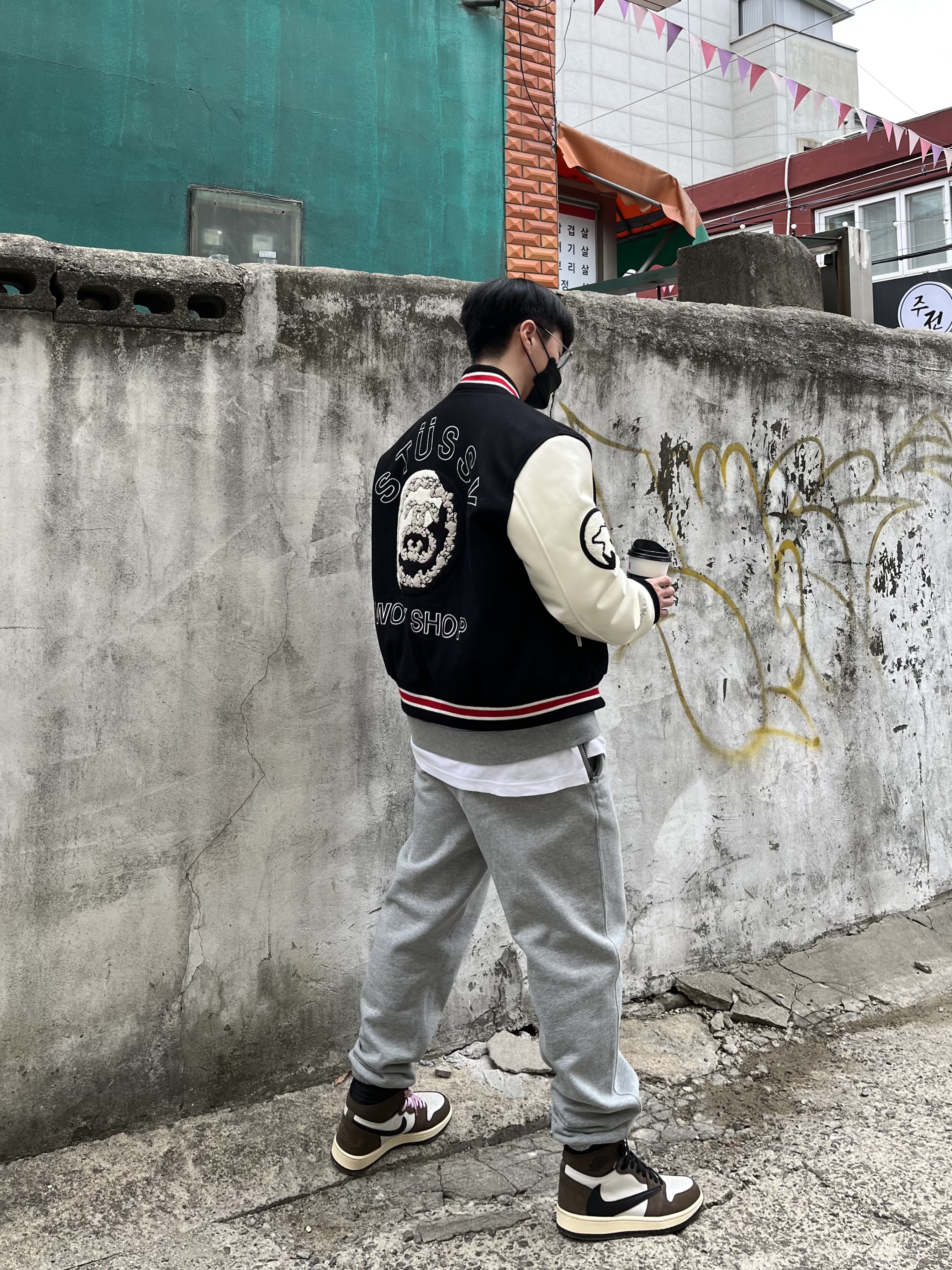 Stussy x Our Legacy x Denim Tears TTL Varsity Jacket Black, Nike x Stussy NRG ZR Fleece Crewneck Heather Grey - US/EU 착용 스타일 - 1