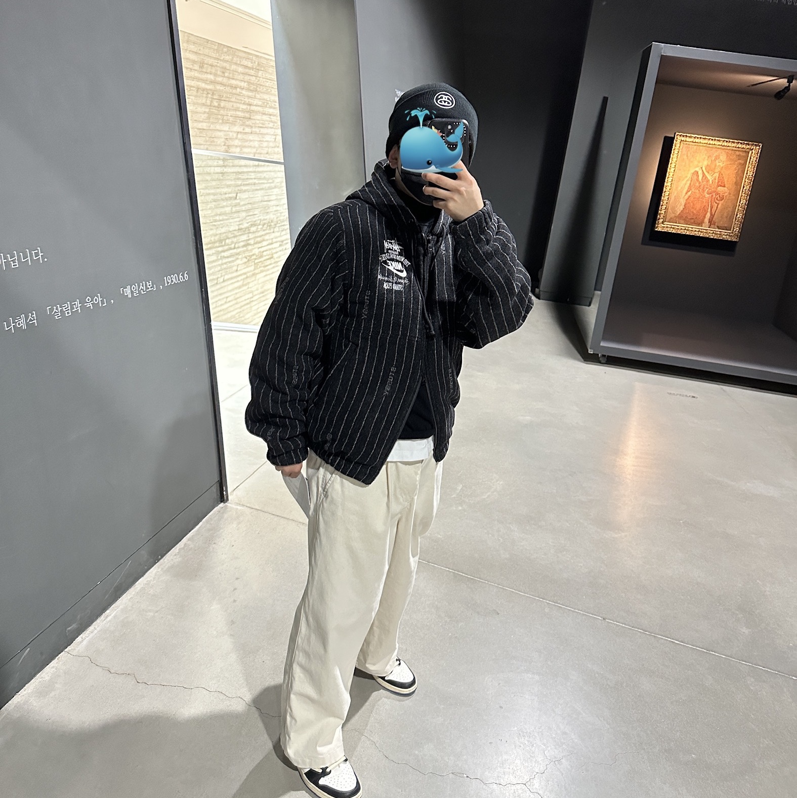 Nike x Stussy NRG Striped Wool Jacket Black (DR4023-010), Jordan 1 x Travis Scott x Fragment Retro Low OG SP Military Blue 착용 스타일