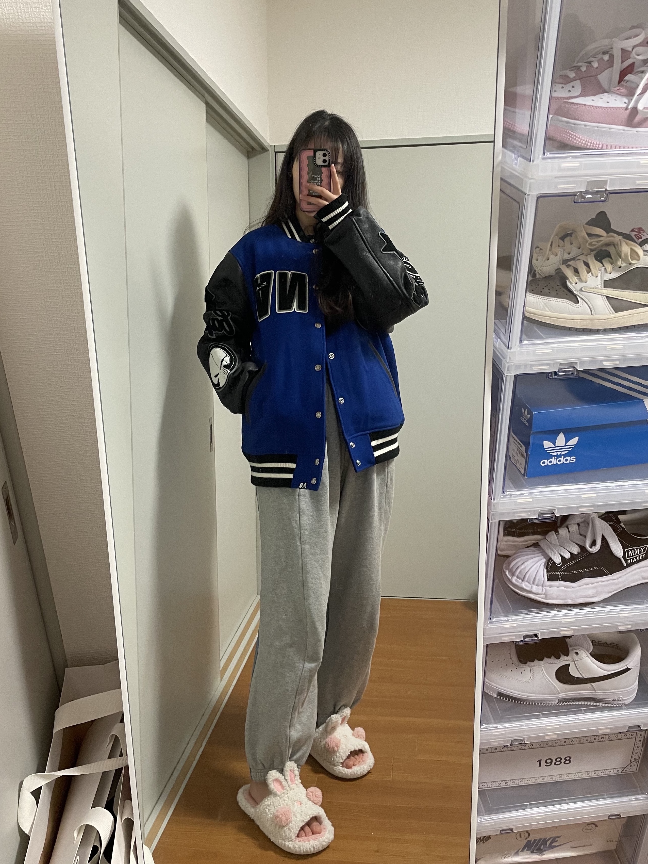 BAPE x Neighborhood Varsity Jacket Blue Black - Neighborhood Exclusive 착용 스타일