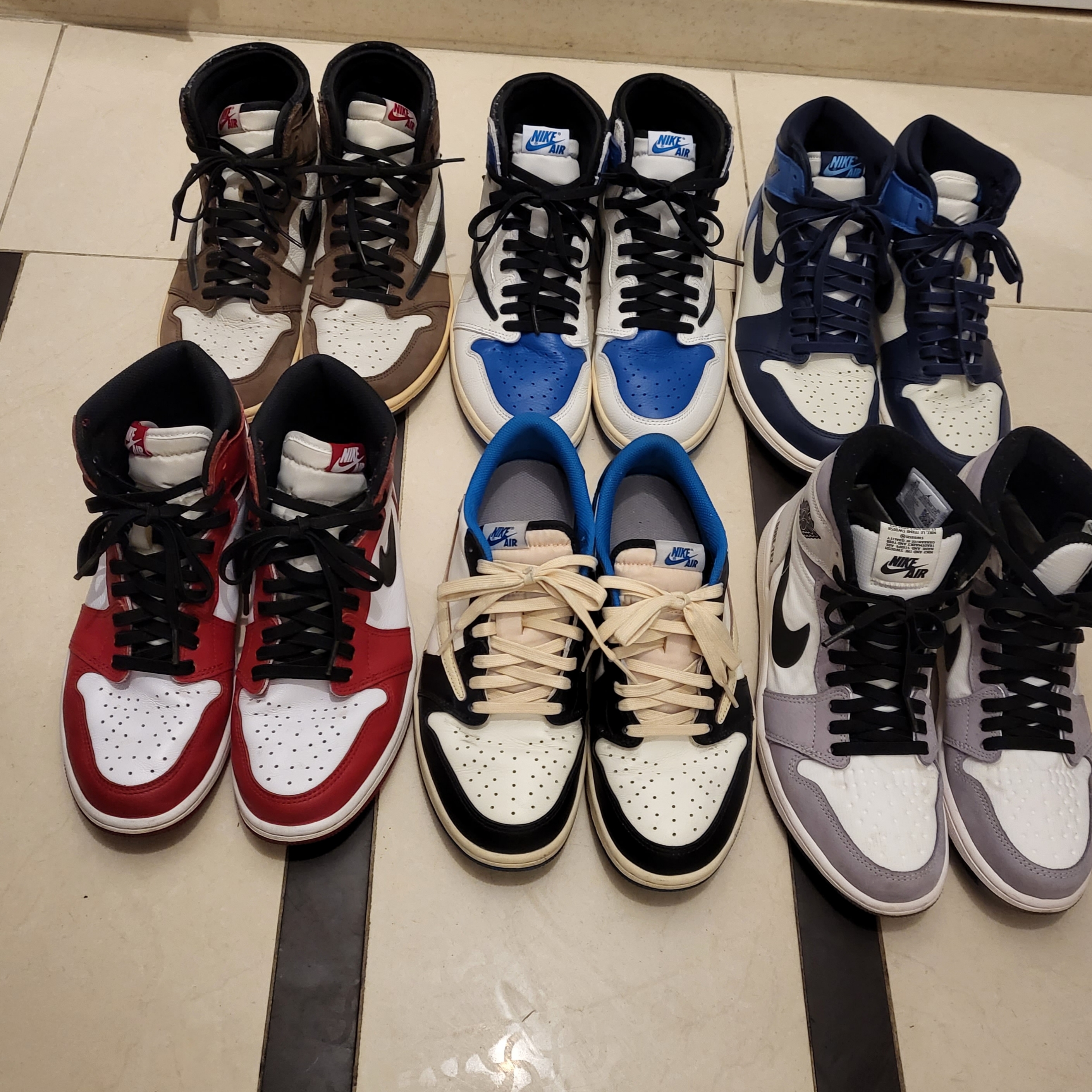 Jordan 1 x Travis Scott x Fragment Retro High OG SP Military Blue, Jordan 1 Element Gore-Tex Sail 착용 스타일