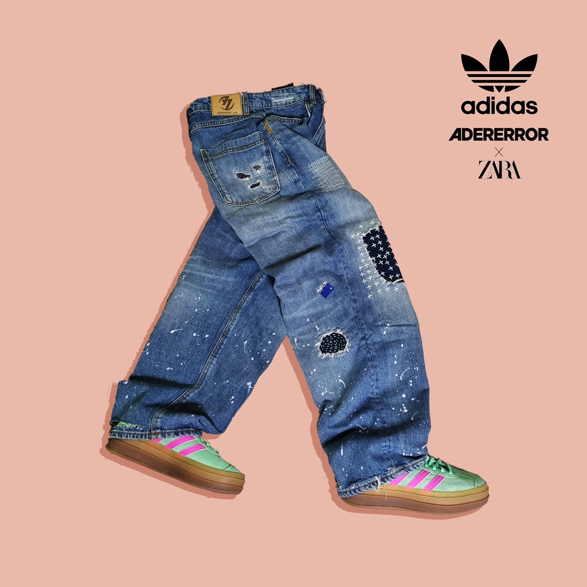 (W) Adidas Gazelle Bold Pulse Mint Pink, Zara x Ader Error Patchwork Jeans Blue 착용 스타일 - 1