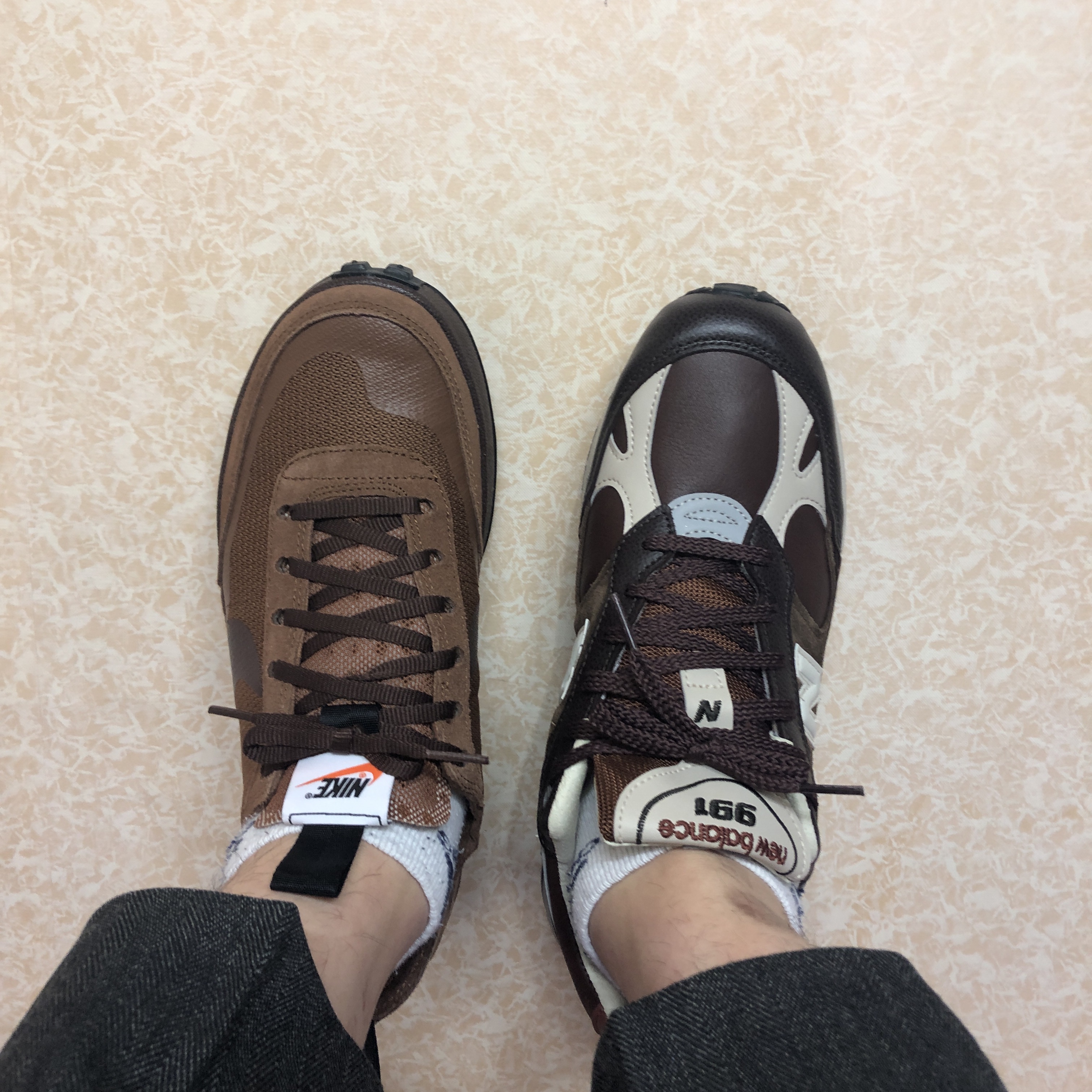 Nike x Tom Sachs General Purpose Shoe Brown, New Balance 991 Made in UK Earth French Roast 착용 스타일 - 1