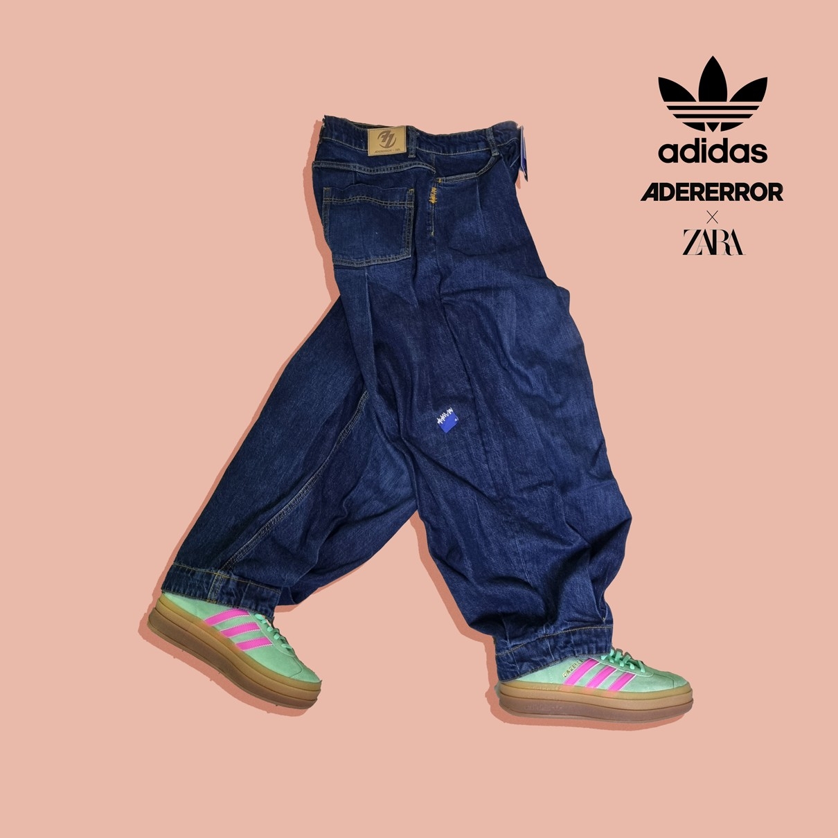 (W) Adidas Gazelle Bold Pulse Mint Pink, Zara x Ader Error Patchwork Jeans Blue 착용 스타일 - 2