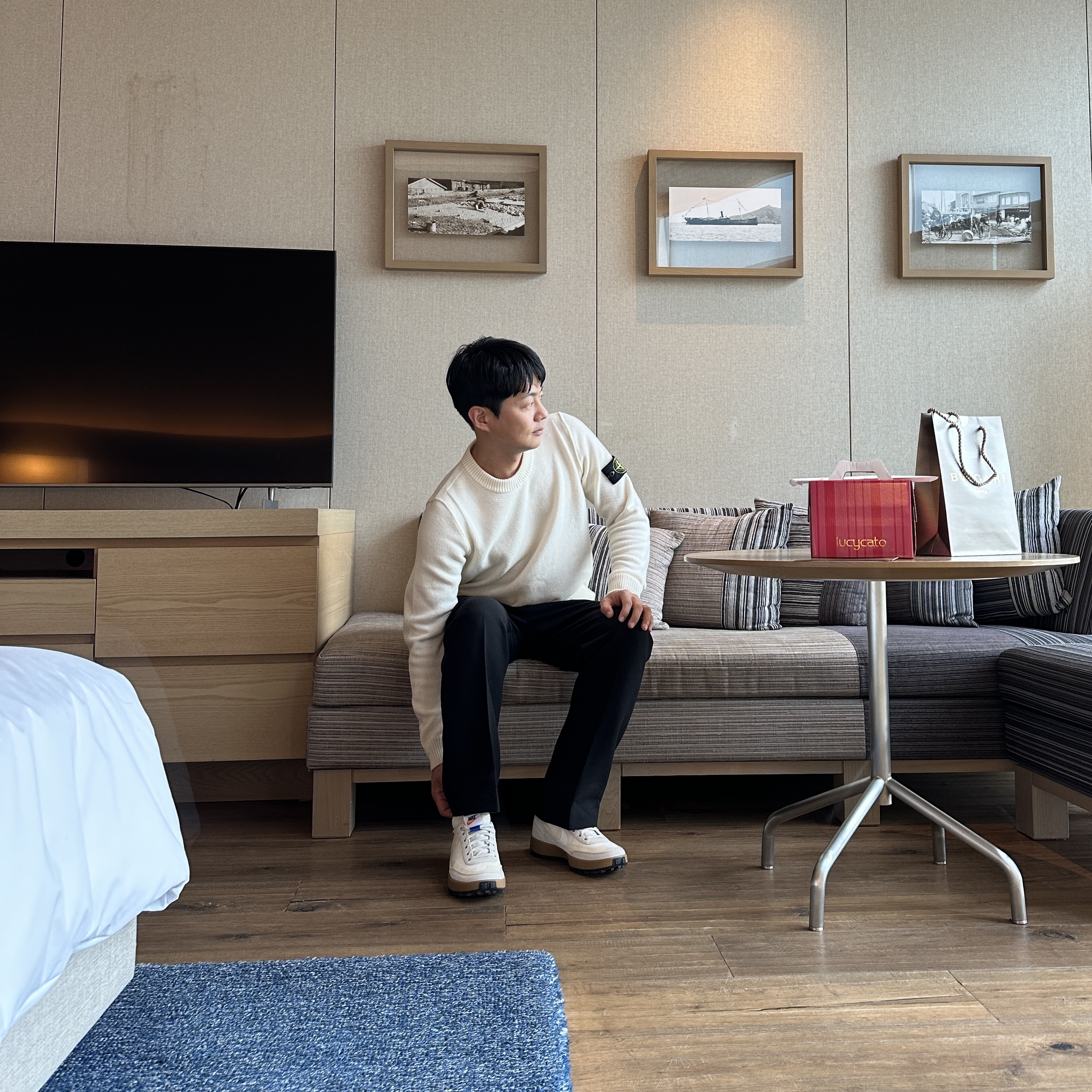 Nike x Tom Sachs General Purpose Shoe Light Cream, Stone Island 508A3 Lambswool Crewneck Knit Off White - 22FW 착용 스타일
