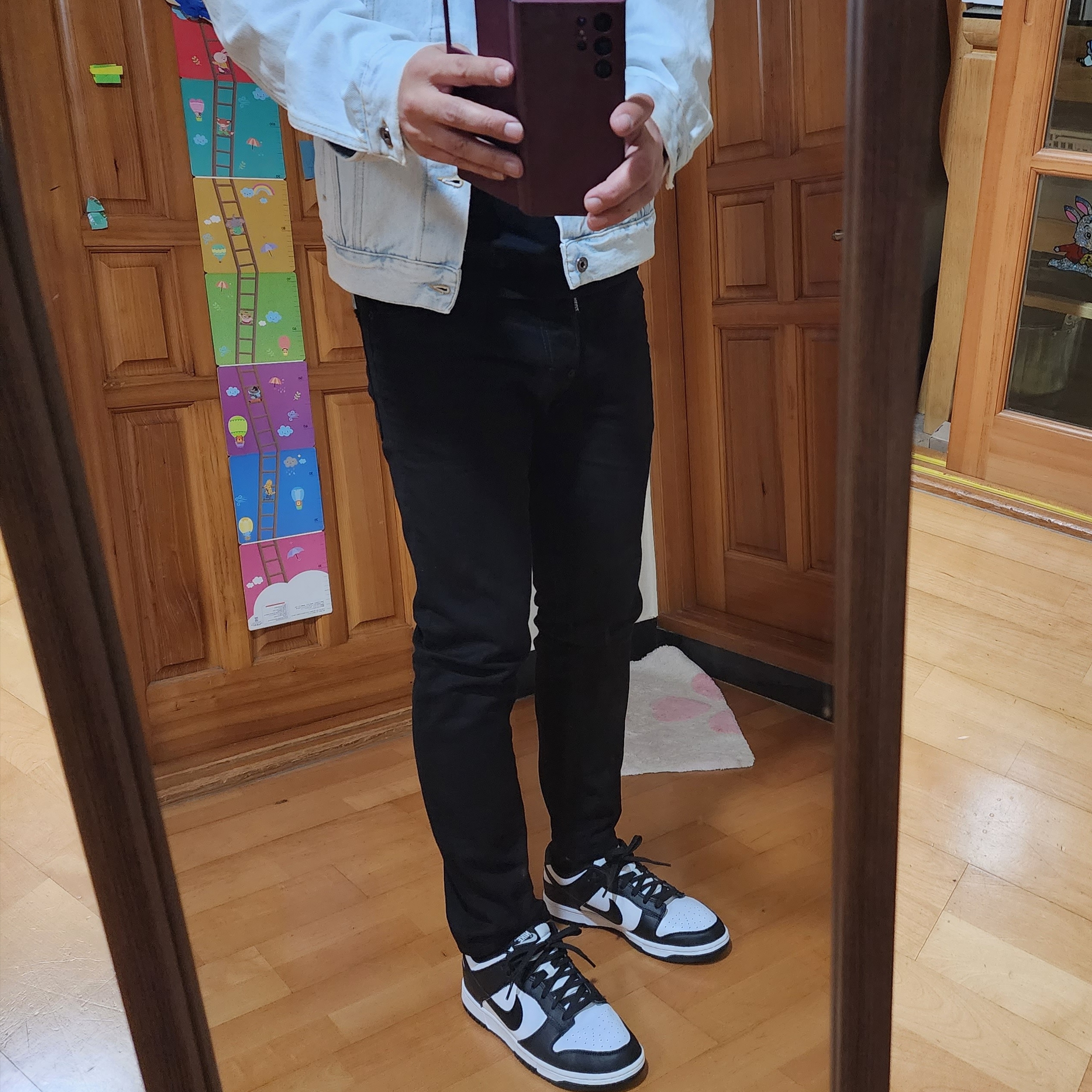 Nike Dunk Low Retro Black, Off-White Diagonal Tab Slim Denim Jacket Bleach Blue White 착용 스타일 - 1