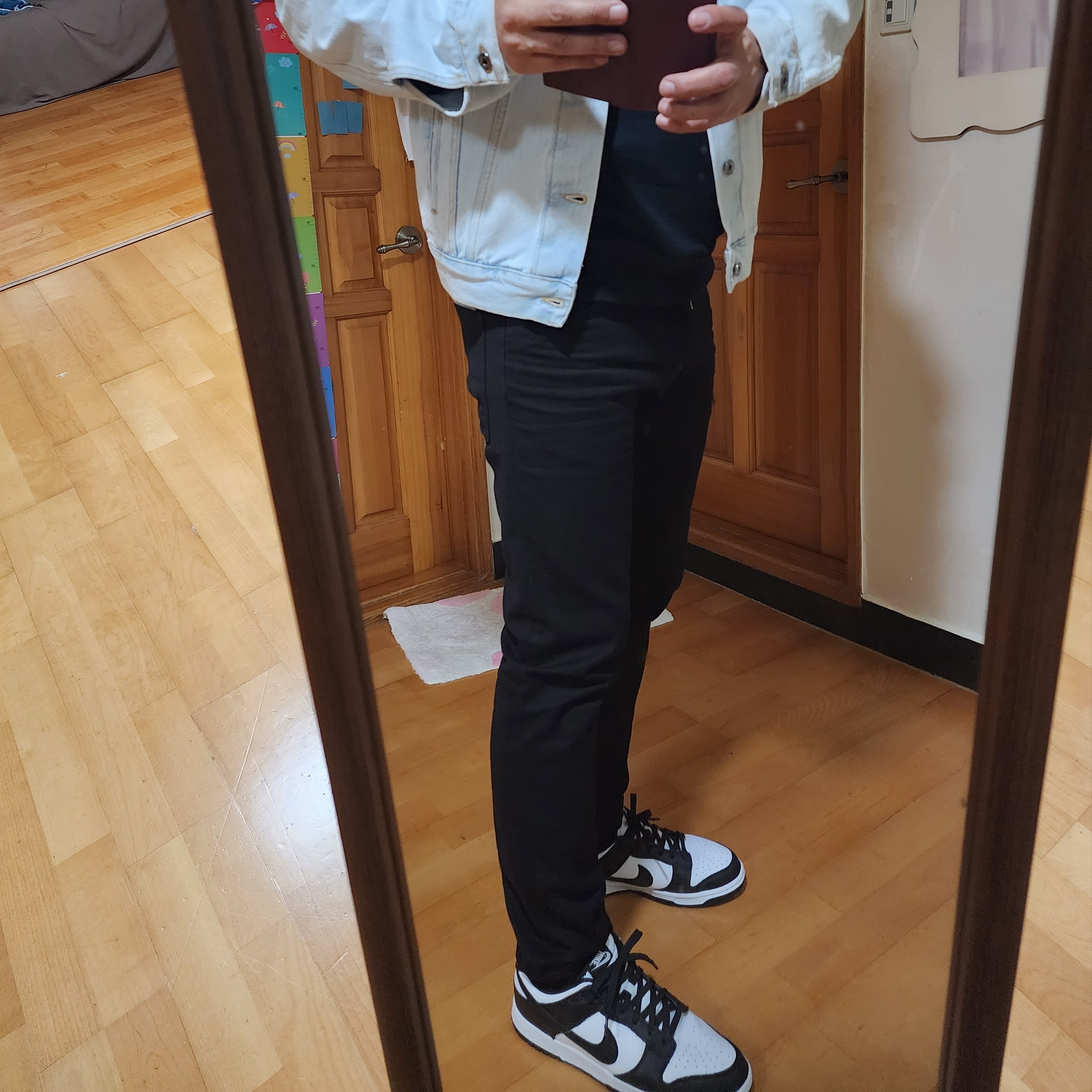 Nike Dunk Low Retro Black, Off-White Diagonal Tab Slim Denim Jacket Bleach Blue White 착용 스타일 - 2