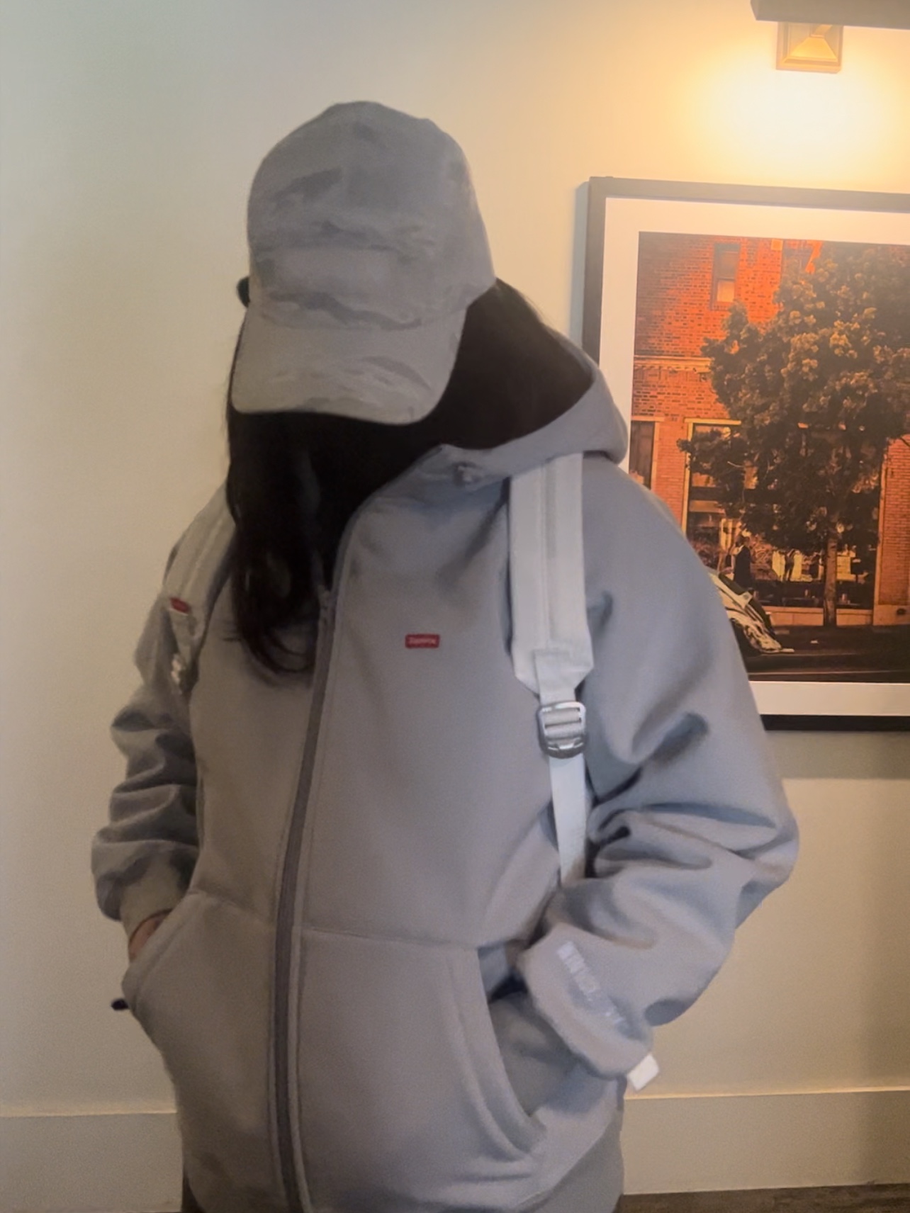 Supreme Windstopper Zip Up Hooded Sweatshirt Light Grey - 22FW, Supreme Canvas Backpack White 착용 스타일 - 2