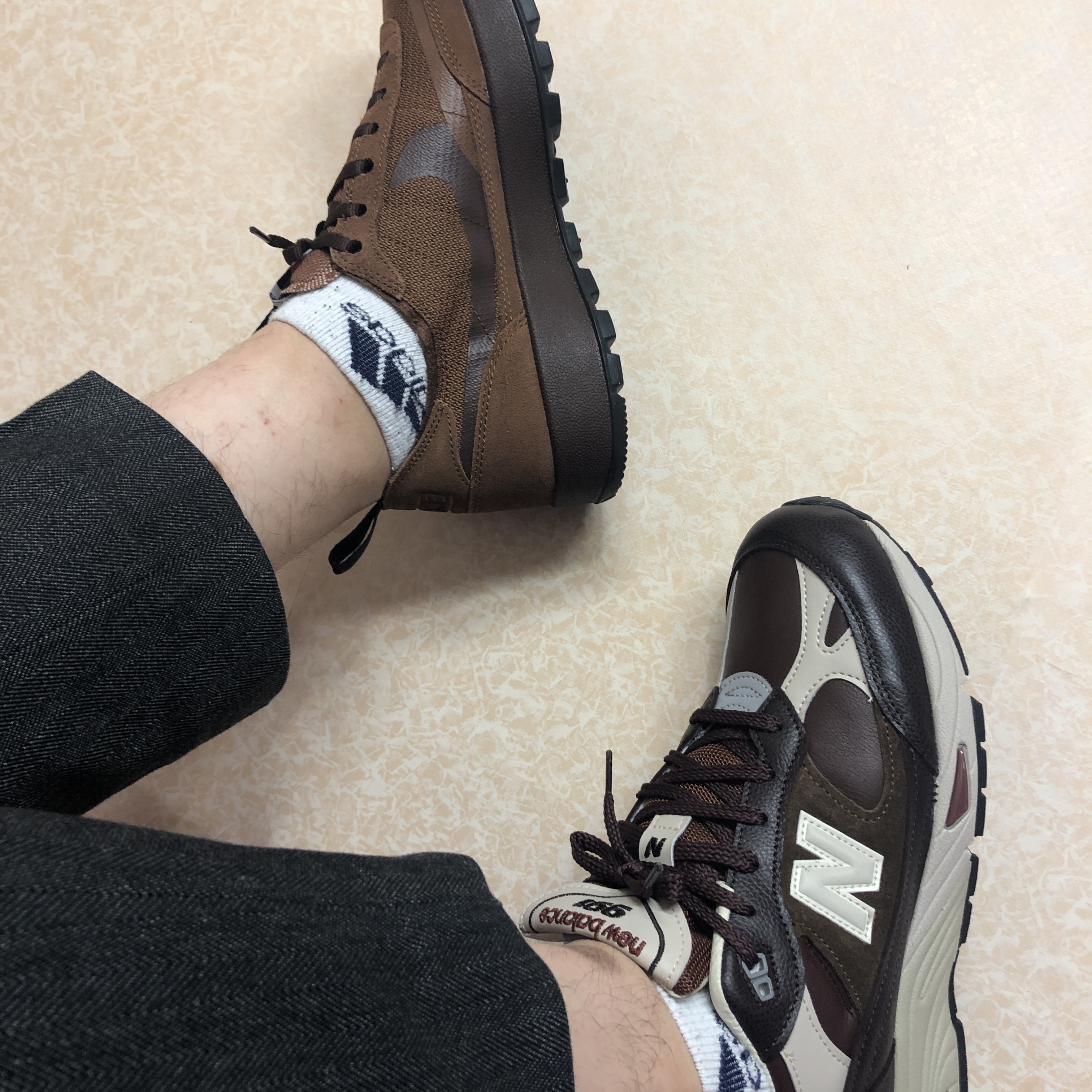 Nike x Tom Sachs General Purpose Shoe Brown, New Balance 991 Made in UK Earth French Roast 착용 스타일 - 2