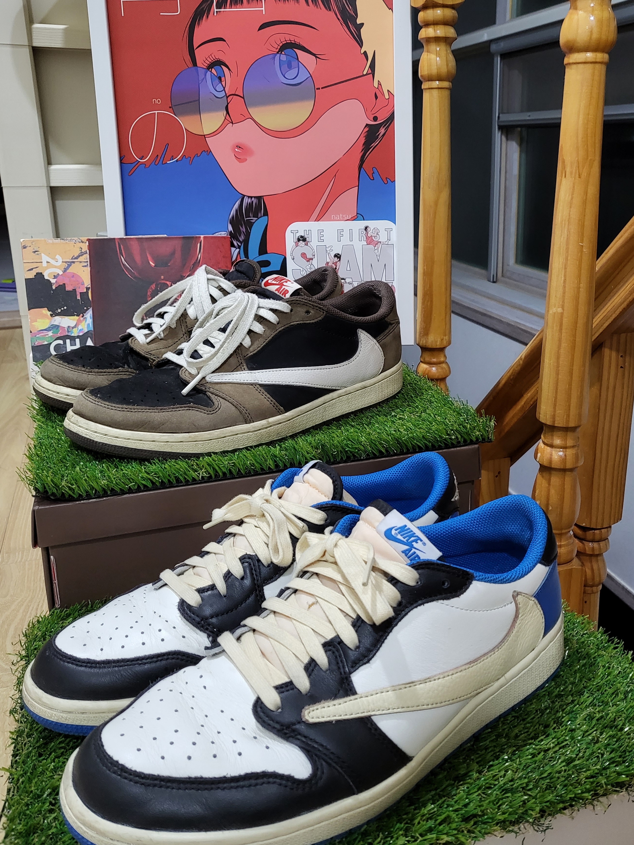 Jordan 1 x Travis Scott x Fragment Retro Low OG SP Military Blue, Jordan 1 x Travis Scott Retro Low OG SP Mocha 착용 스타일