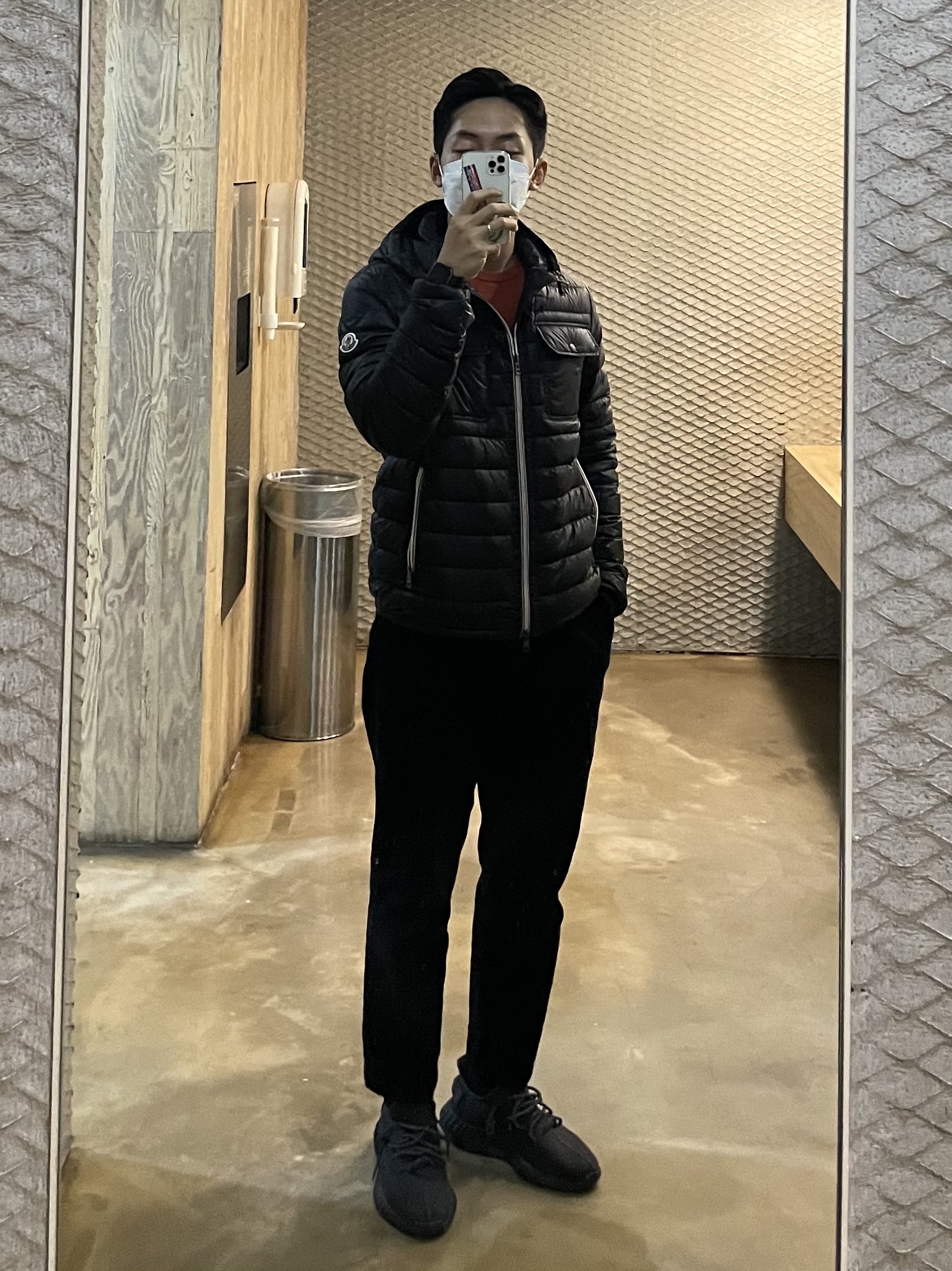 Adidas Yeezy Boost 350 V2 Black - Non-Reflective, Moncler Padded Wool Hoodie Black - 22FW 착용 스타일
