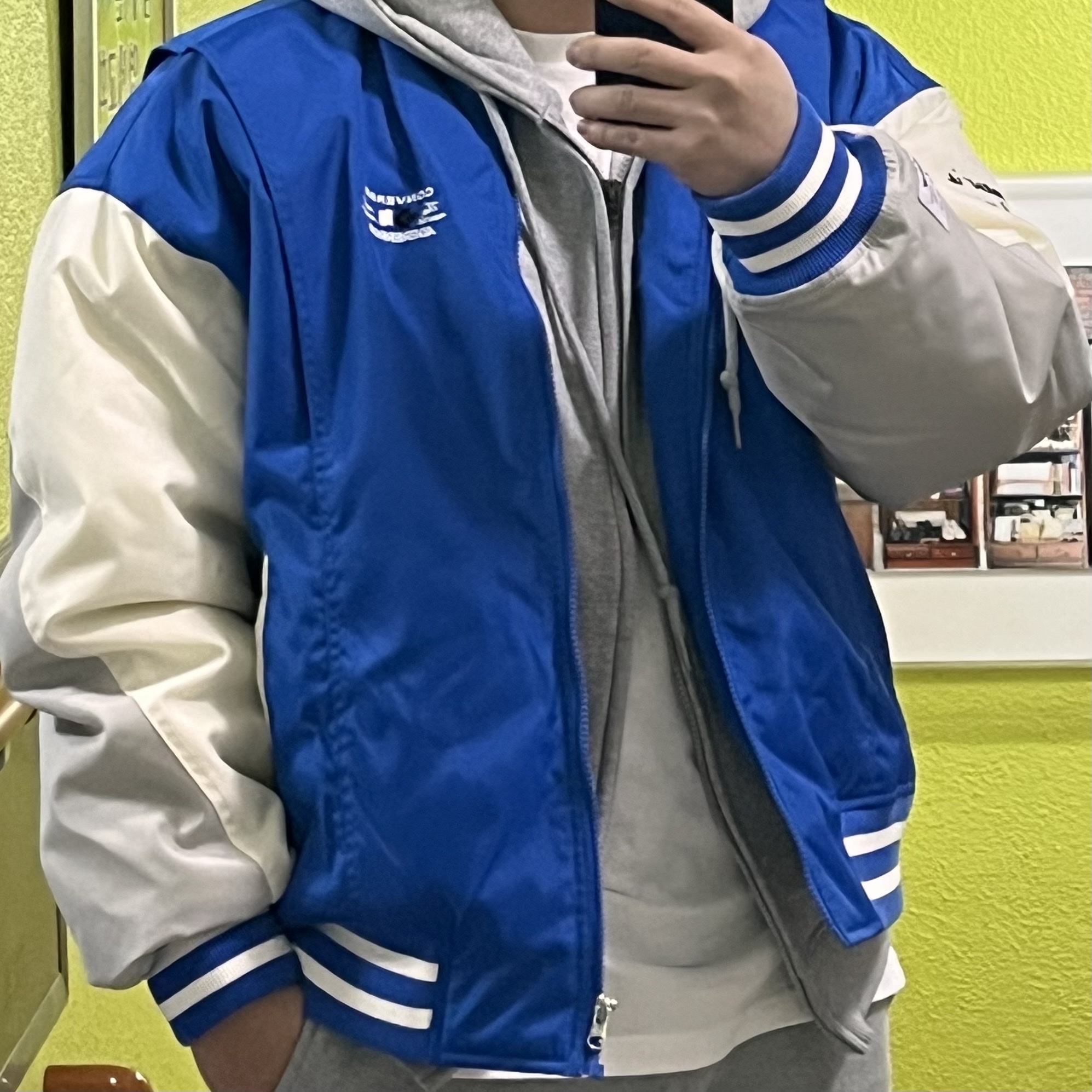 Converse x Ader Error Shapes Varsity Jacket Cobalt 착용 스타일