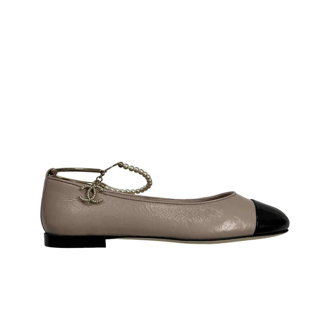 (W) 샤넬 발레리나 플랫 샤이니 램스킨 메탈 이미테이션 펄 & 라이트 핑크 블랙((W) Chanel Ballerina Flat Shiny Lambskin Metal Imitation Pearls & Light Pink Black) - 1