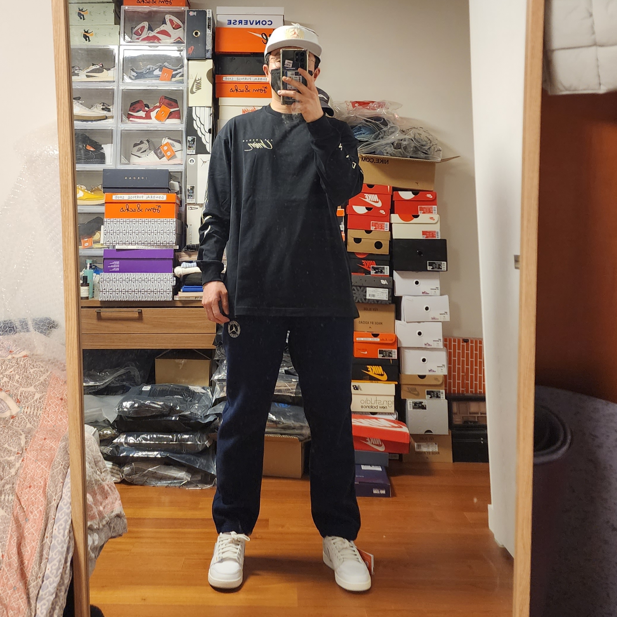 Jordan 1 x Union KO Low White, Jordan x Union Long Sleeve T-Shirt Black - Asia 착용 스타일 - 2