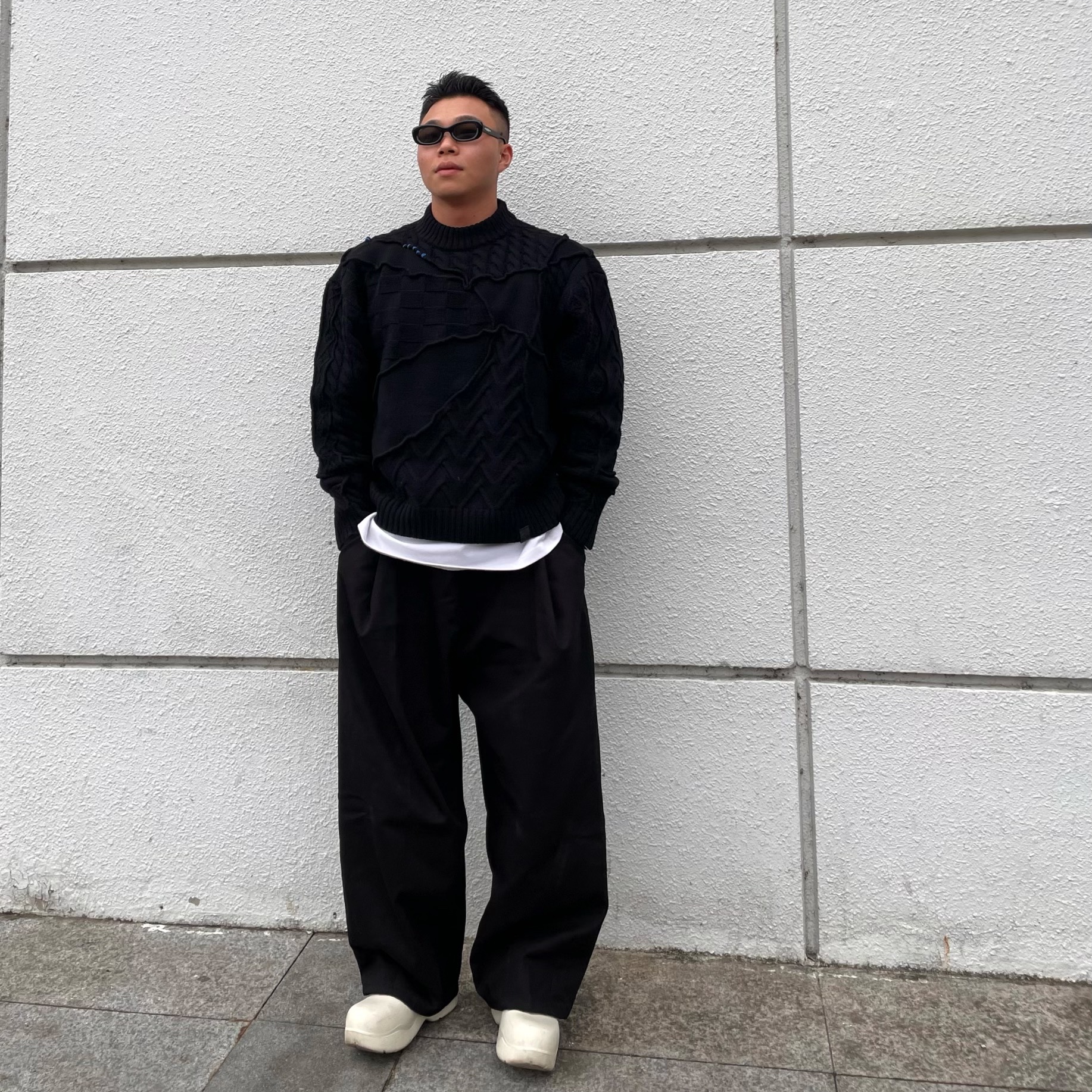 Zara x Ader Error Patchwork Oversize Knit Sweater Black, Bottega Veneta Puddle Ankle Boots Sea Salt 착용 스타일