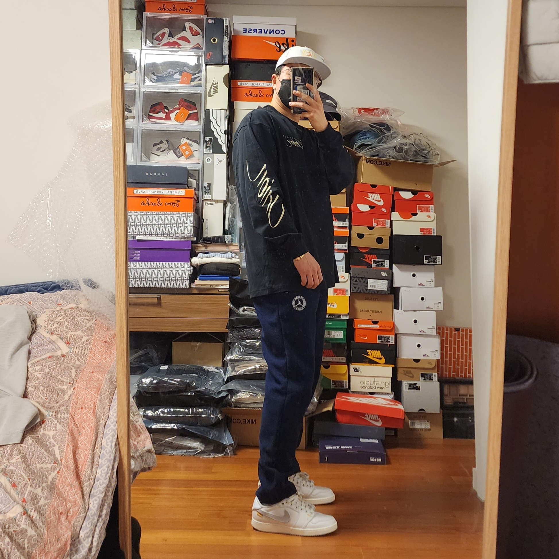 Jordan 1 x Union KO Low White, Jordan x Union Long Sleeve T-Shirt Black - Asia 착용 스타일 - 3