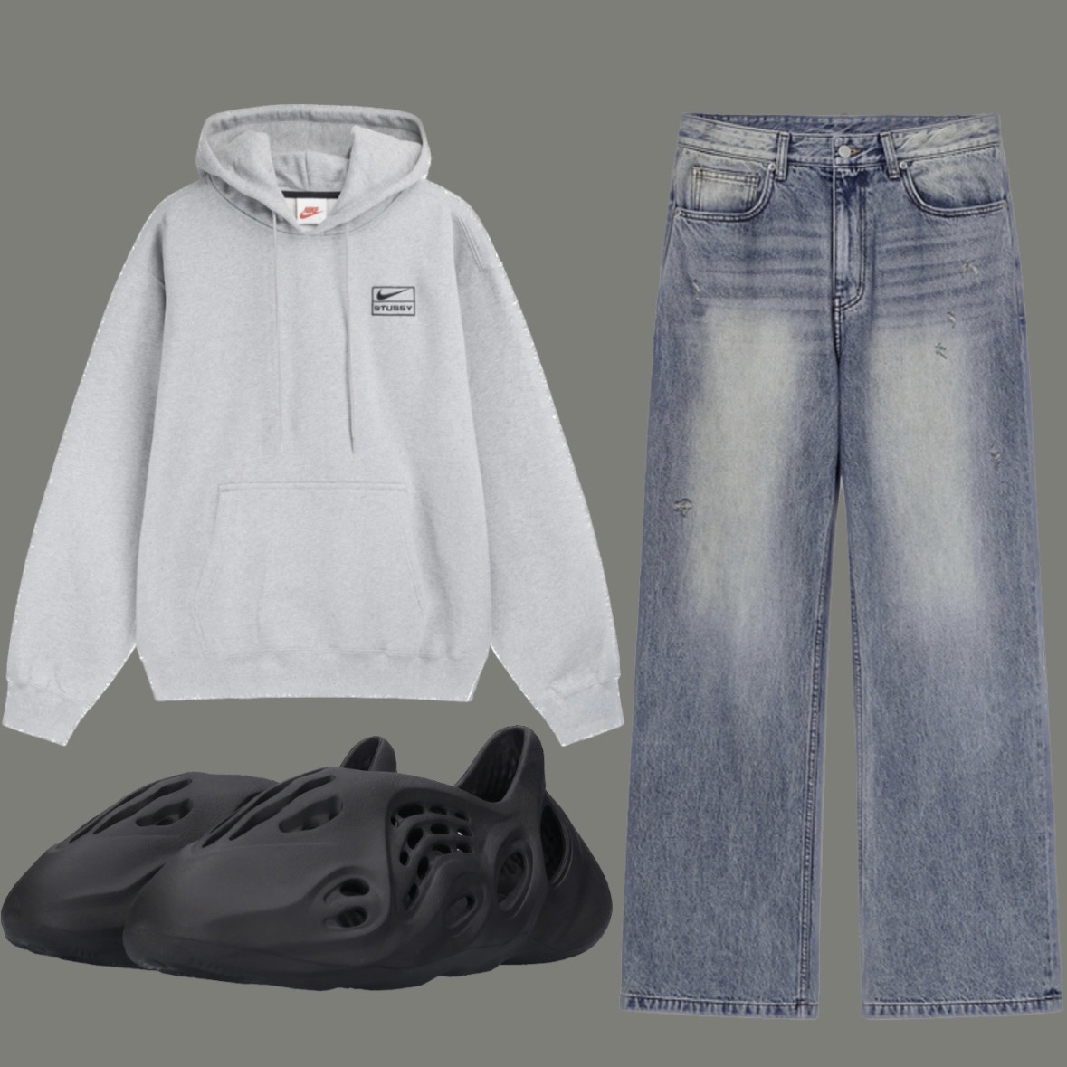 Nike x Stussy NRG RA Pullover Hoodie Dark Grey Heather (DJ9488-063), Adidas Yeezy Foam RNNR Onyx 착용 스타일