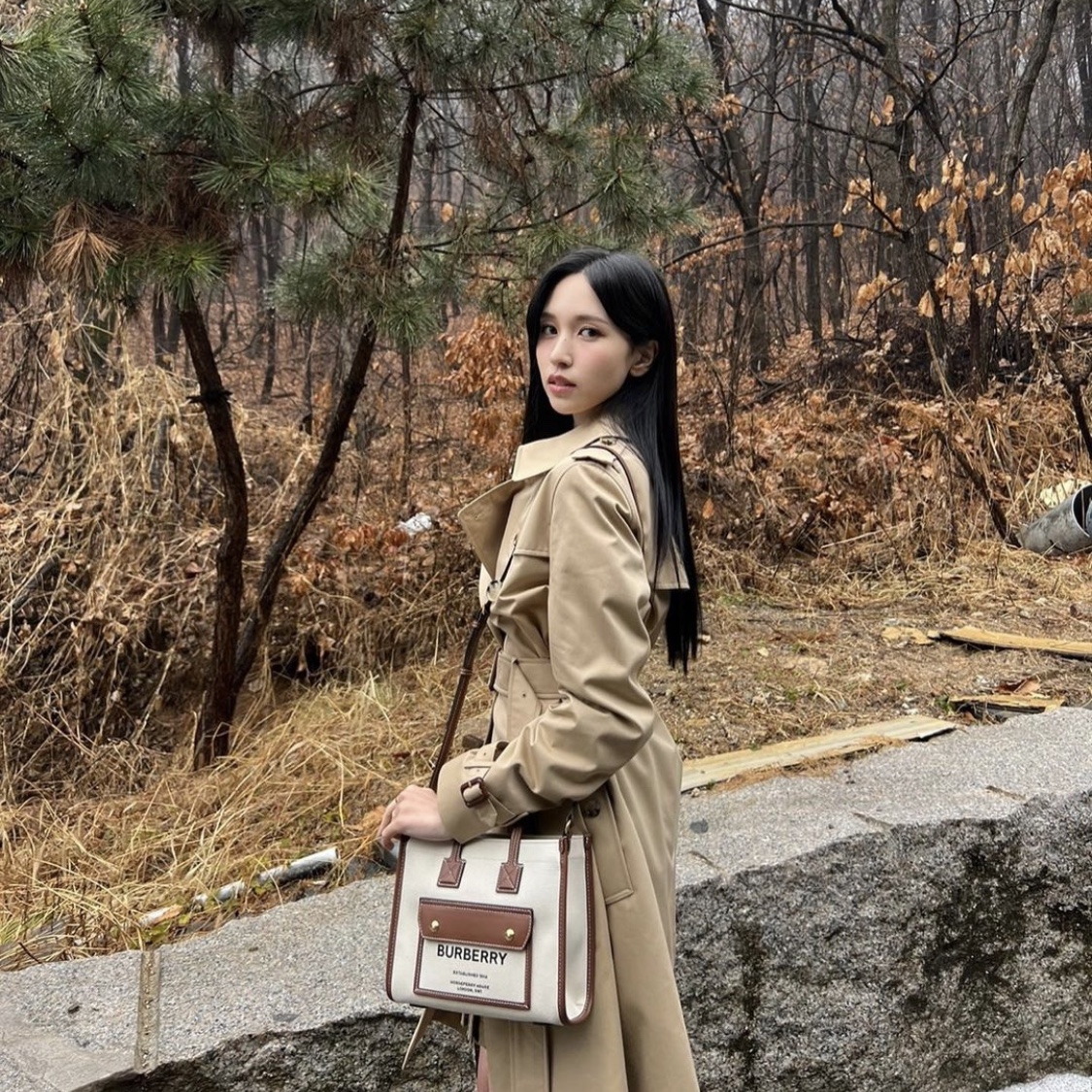Burberry Mini Two-Tone Canvas and Leather Freya Tote Bag Natural Tan 착용 스타일