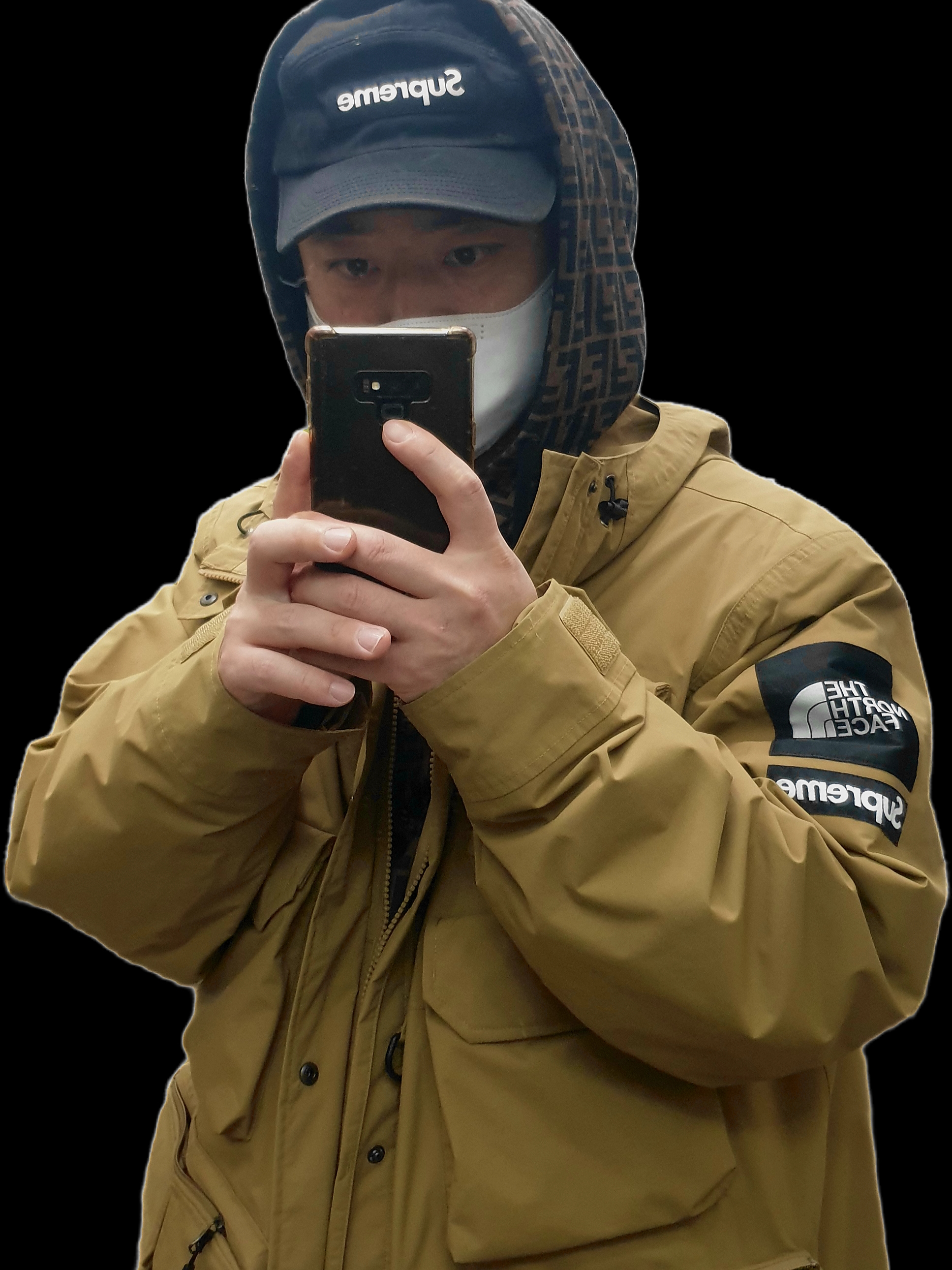 Supreme x The North Face Cargo Jacket Gold - 20SS, Supreme Washed Chino Twill Camp Cap Black 착용 스타일 - 2