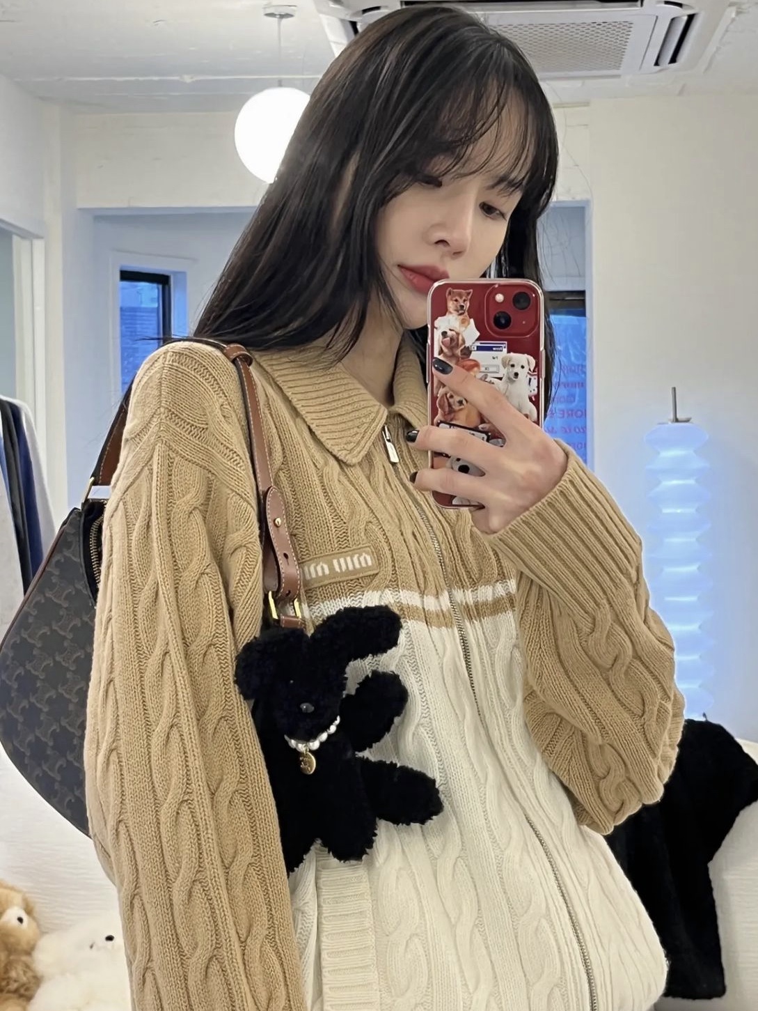 (W) Miu Miu Wool Cashmere Zip Up Cardigan Camel White, Celine Ava Bag in Triomphe Canvas and Calfskin Tan 착용 스타일
