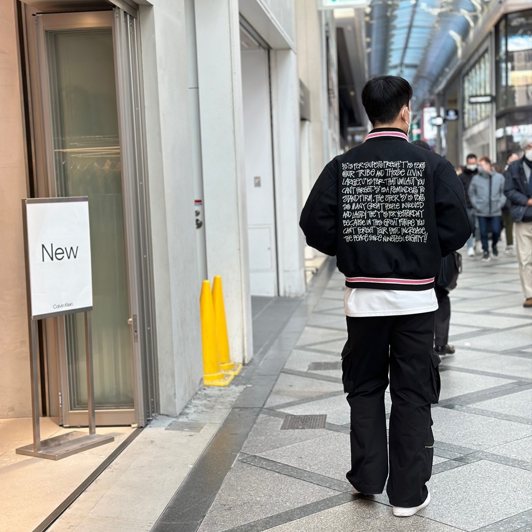 Stussy S Talk Melton Varsity Jacket Black 착용 스타일