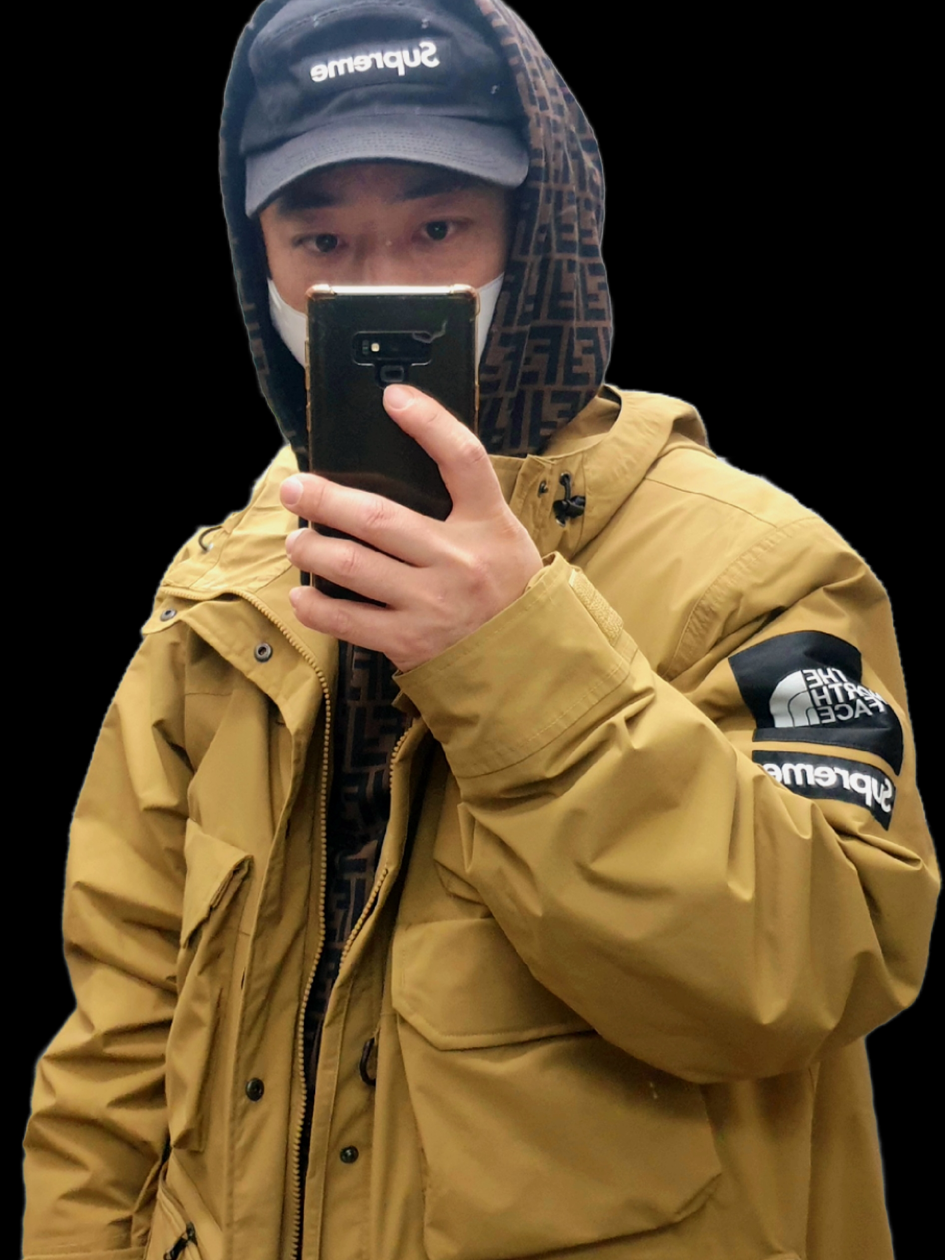 Supreme x The North Face Cargo Jacket Gold - 20SS, Supreme Washed Chino Twill Camp Cap Black 착용 스타일 - 1