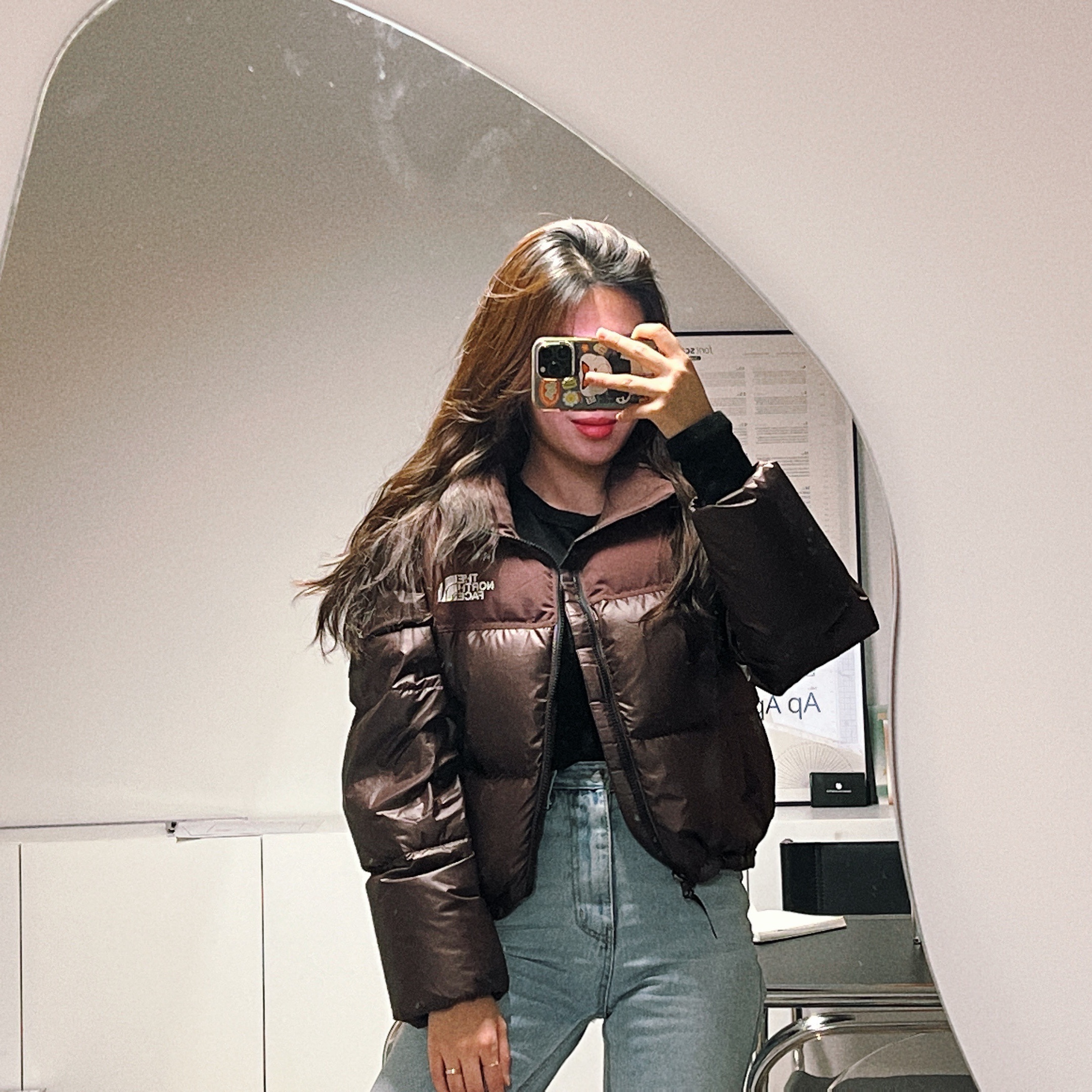 (W) The North Face White Label Novelty Nuptse Down Jacket Cocoa Brown 착용 스타일