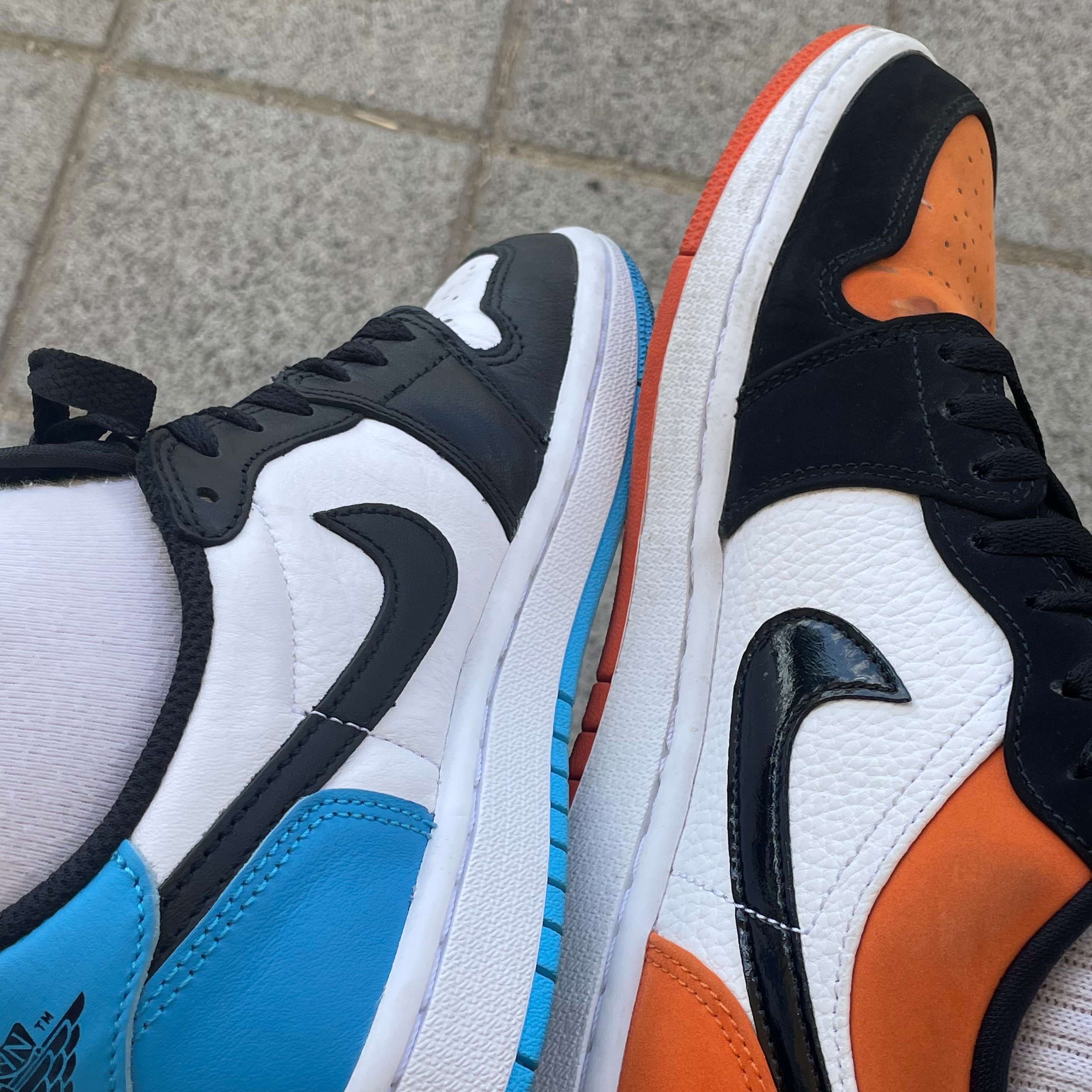 (W) Jordan 1 Retro Low OG Black and Dark Powder Blue, Jordan 1 Low Shattered Backboard 착용 스타일