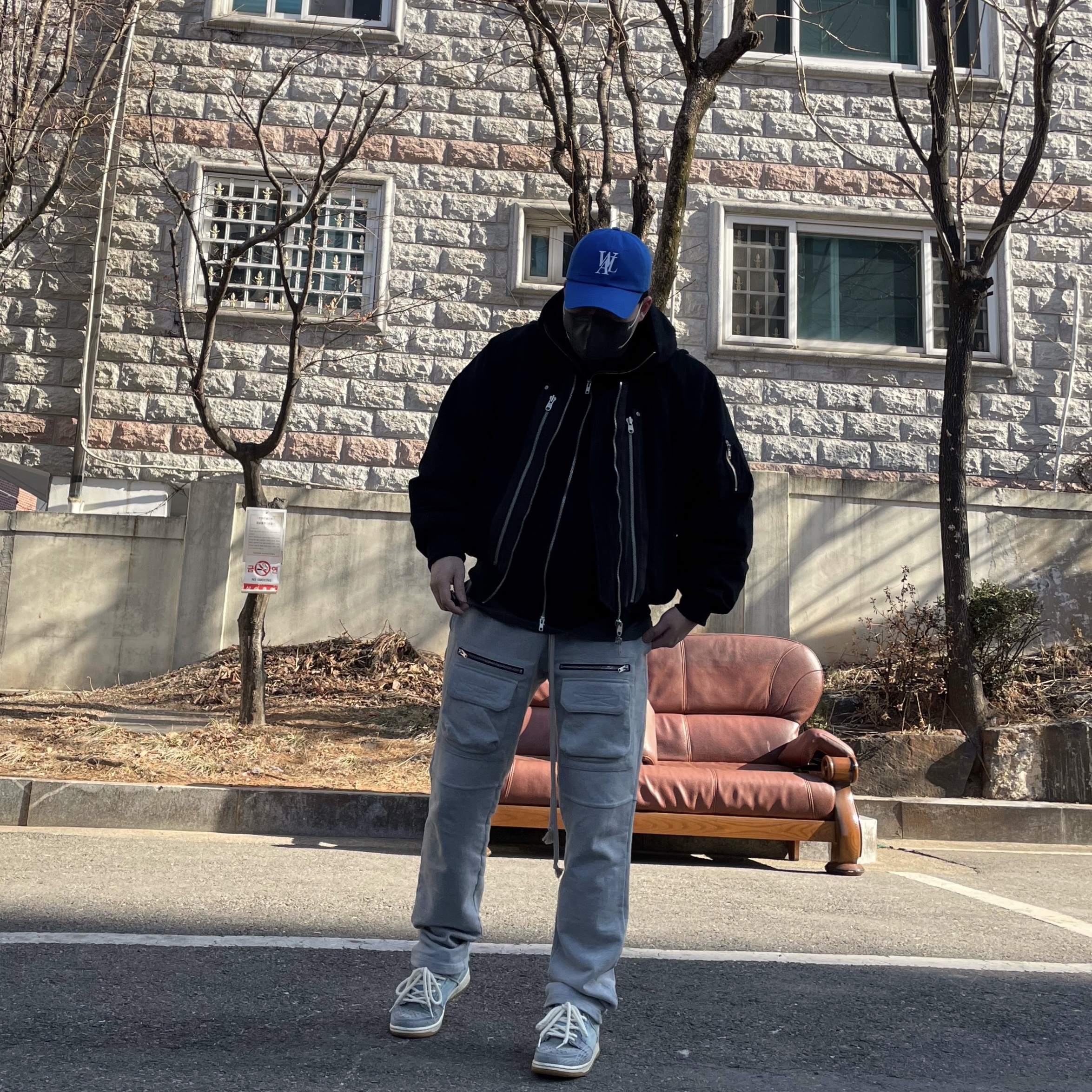 Nike SB Dunk Low Pro Mystic Navy, Undermycar Rumlow Back Zip Cotton Garment Bomber Dark Gull - 22FW 착용 스타일 - 2