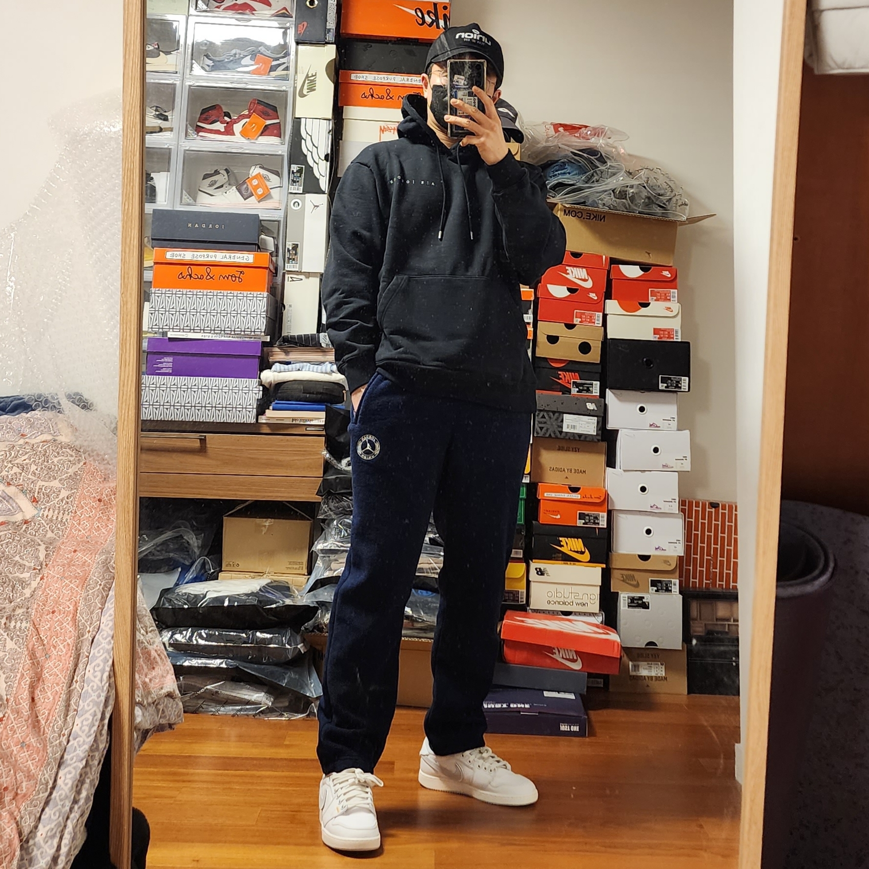 Jordan 1 x Union KO Low White, Jordan x Union Fleece Hoodie Black - Asia 착용 스타일 - 3