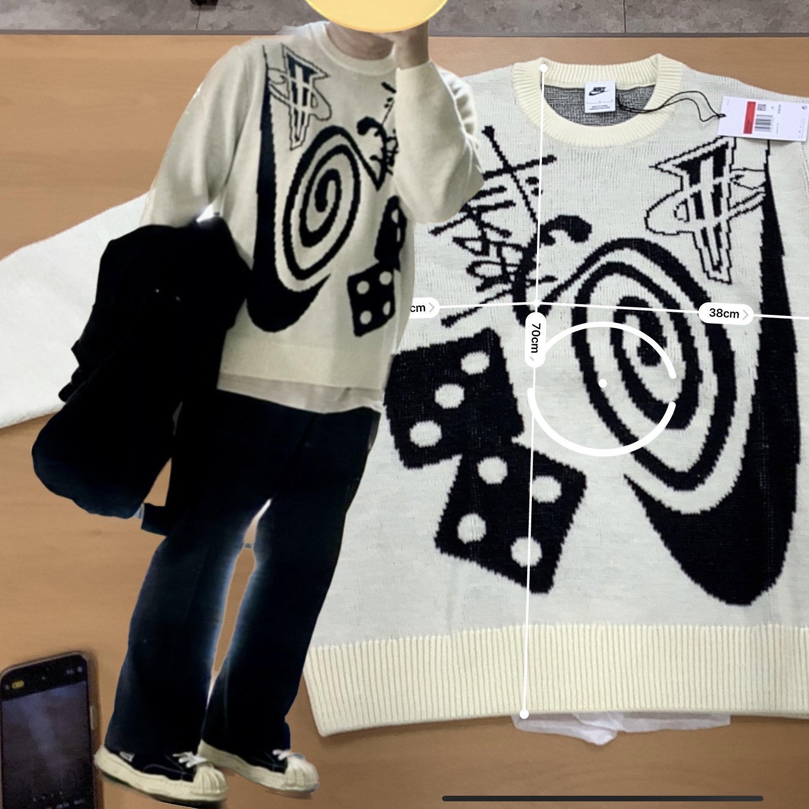 Nike x Stussy NRG LS Knit Sweater Fossil (DR2893-238), Maison Mihara Yasuhiro Blakey VL OG Sole Canvas Low-top Sneakers Black 착용 스타일 - 1