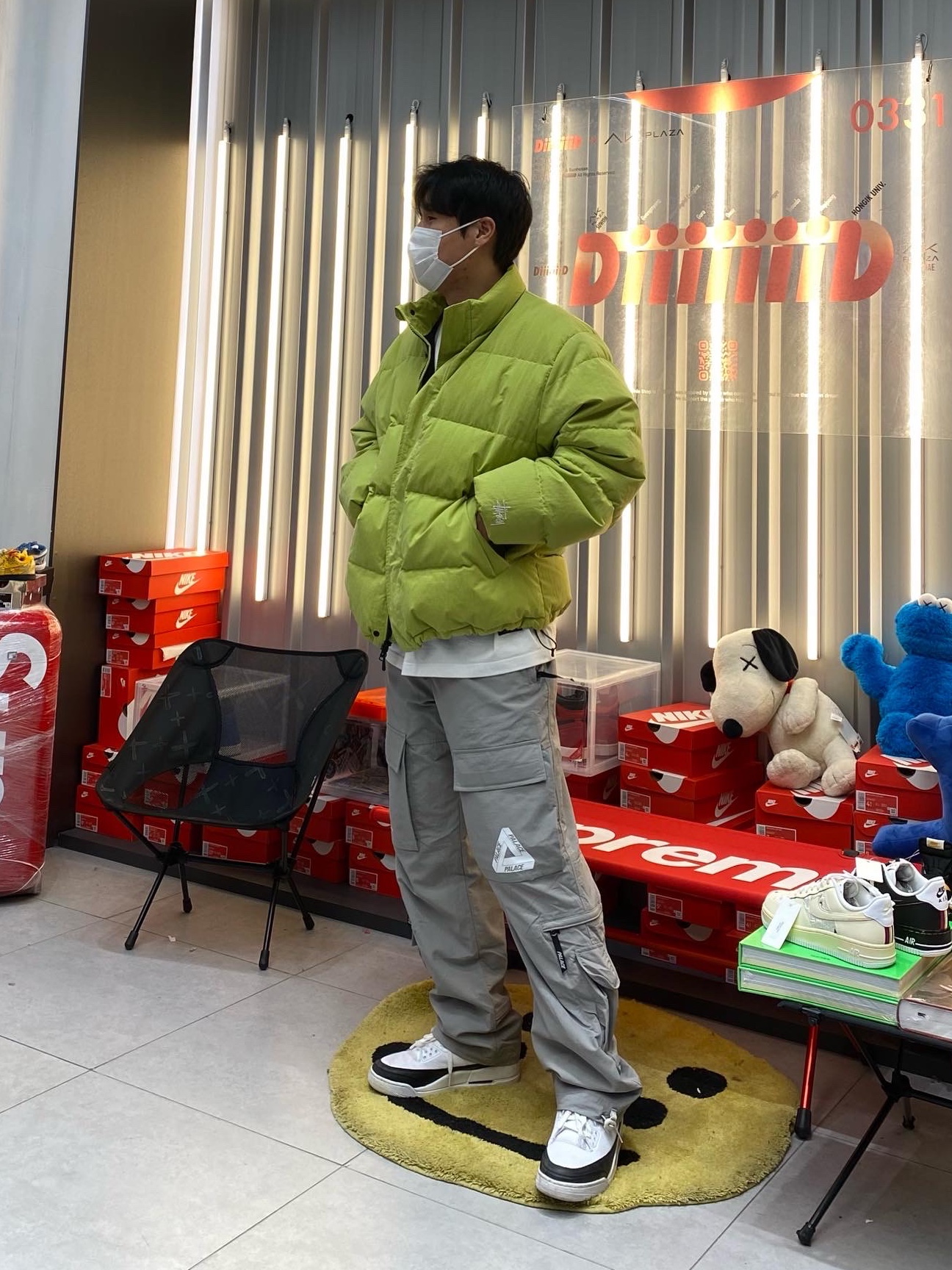 Stussy Ripstop Down Puffer Jacket Lime, Palace Cordura RS Shell Cargos Grey - 22FW 착용 스타일
