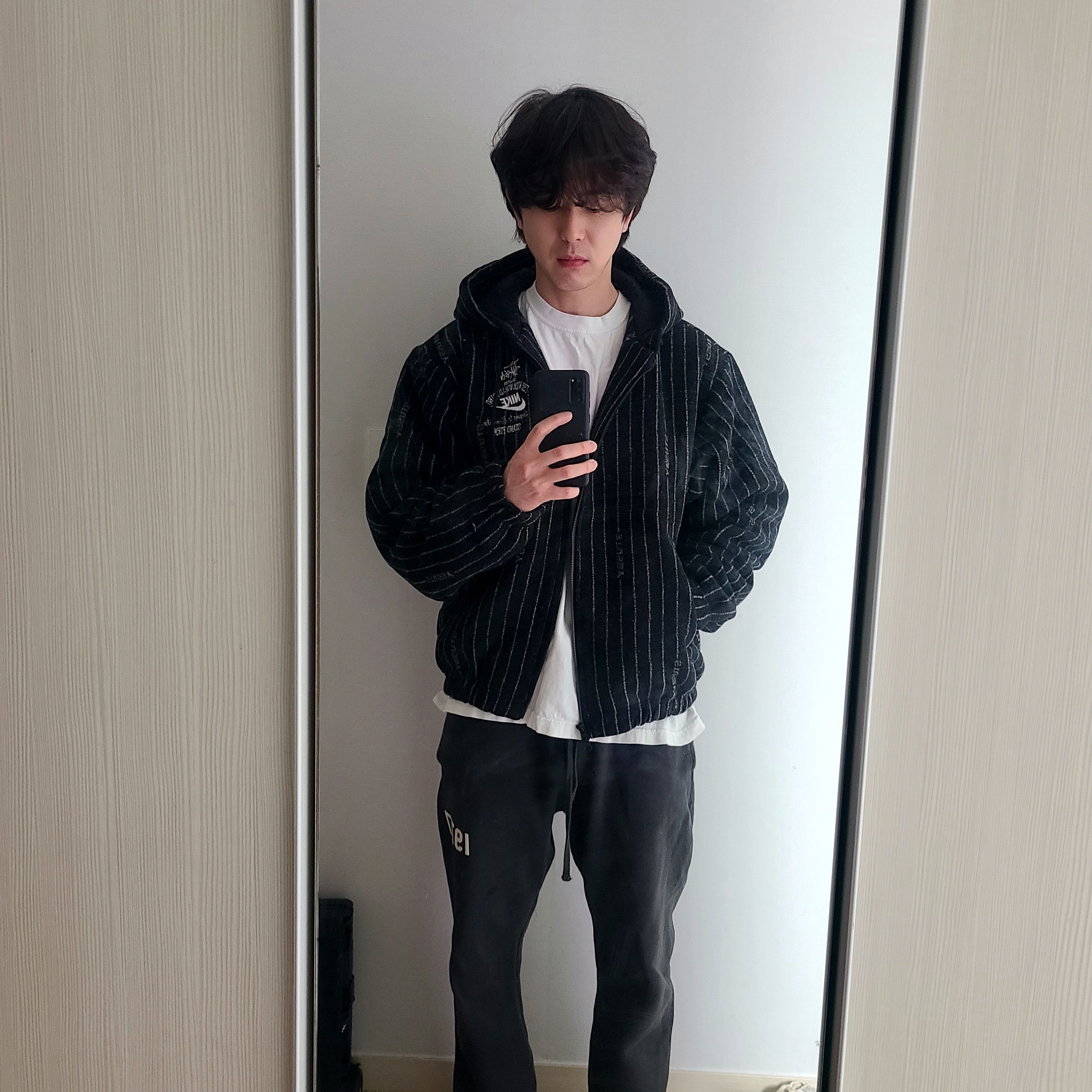 Nike x Stussy NRG Striped Wool Jacket Black (DR4023-010), Essentials 1977 Relaxed Sweatpants Iron - 22SS 착용 스타일 - 1