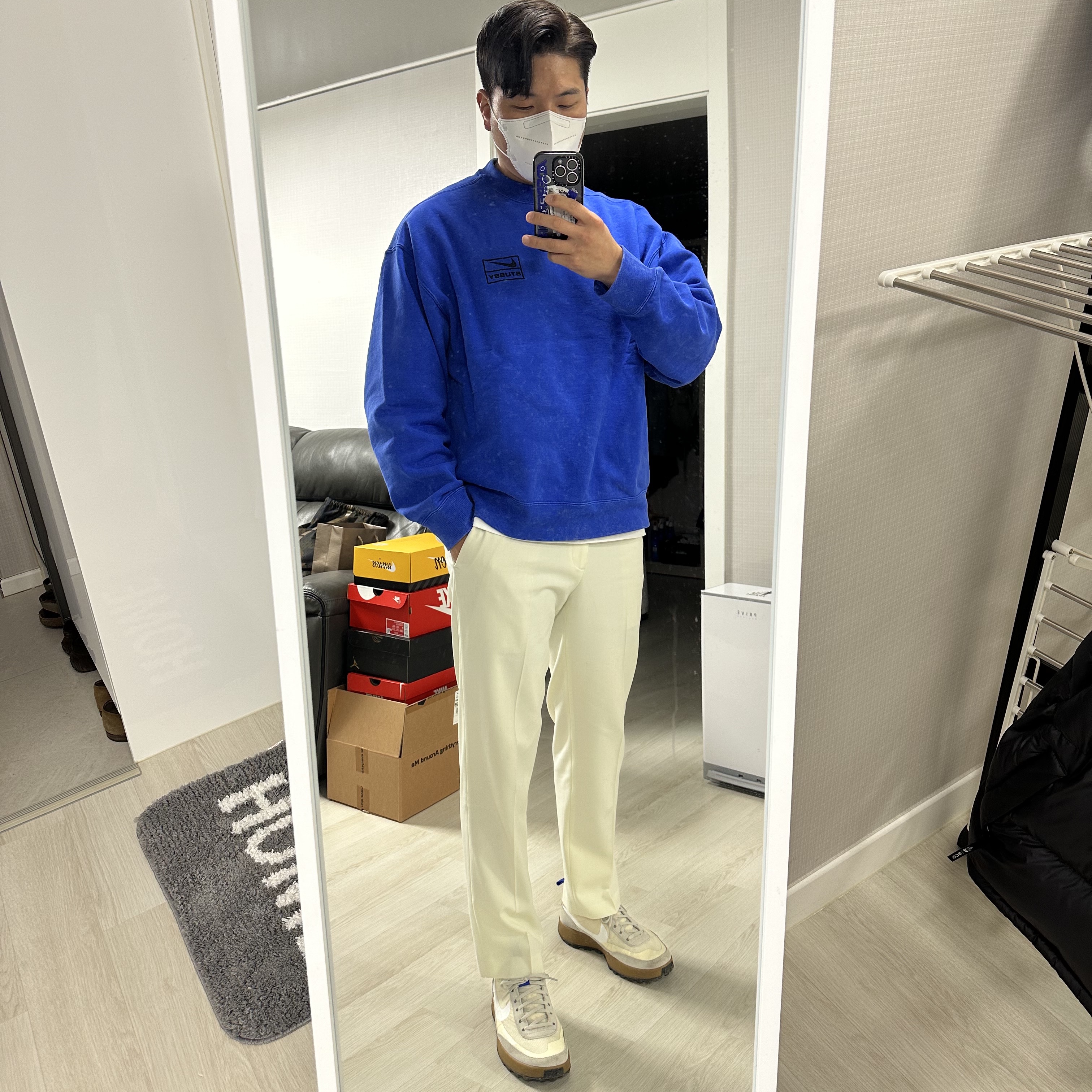 Nike x Stussy NRG Acid Washed Crewneck Game Royal (DR4024-480), Nike x Tom Sachs General Purpose Shoe Light Cream 착용 스타일 - 1