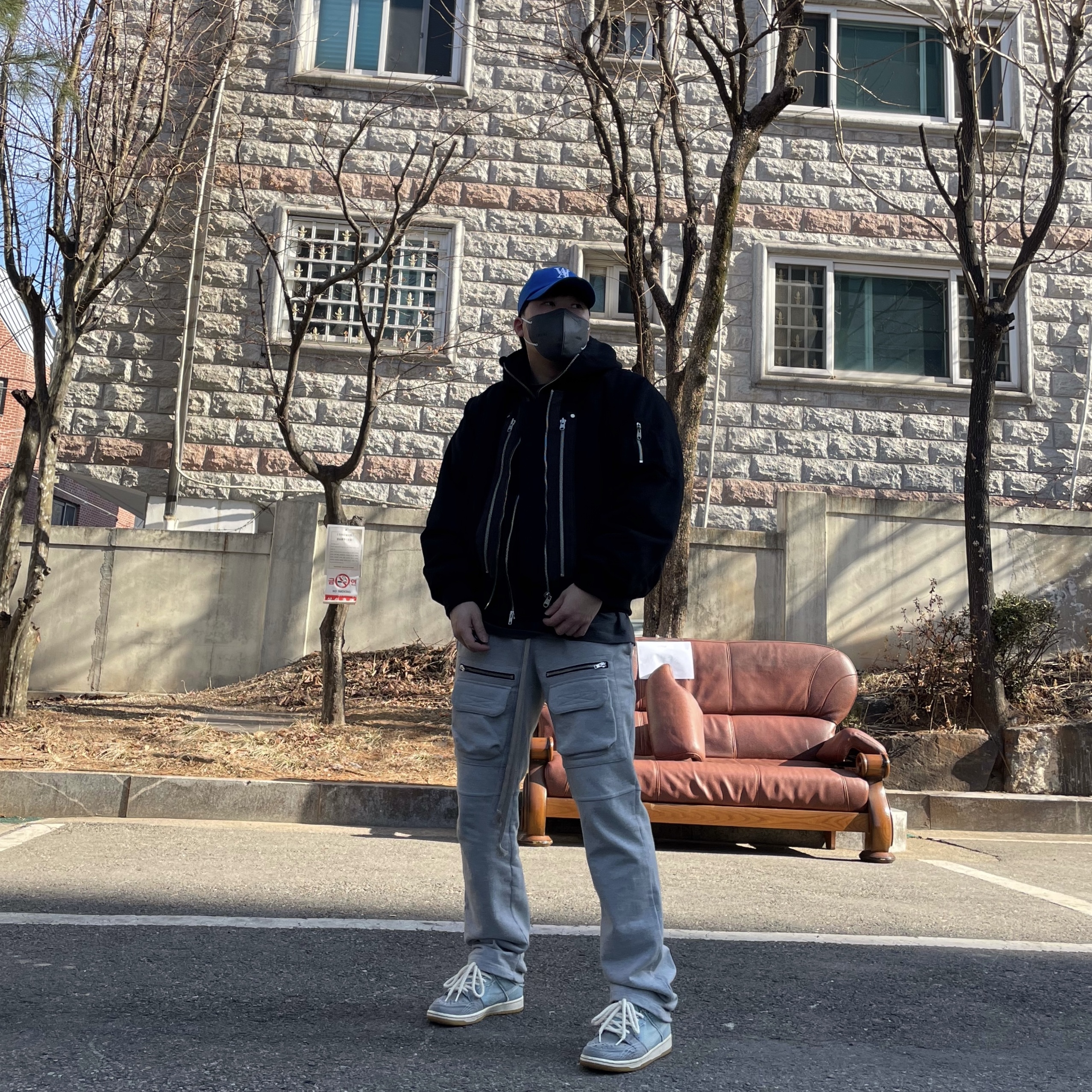 Nike SB Dunk Low Pro Mystic Navy, Undermycar Rumlow Back Zip Cotton Garment Bomber Dark Gull - 22FW 착용 스타일 - 1
