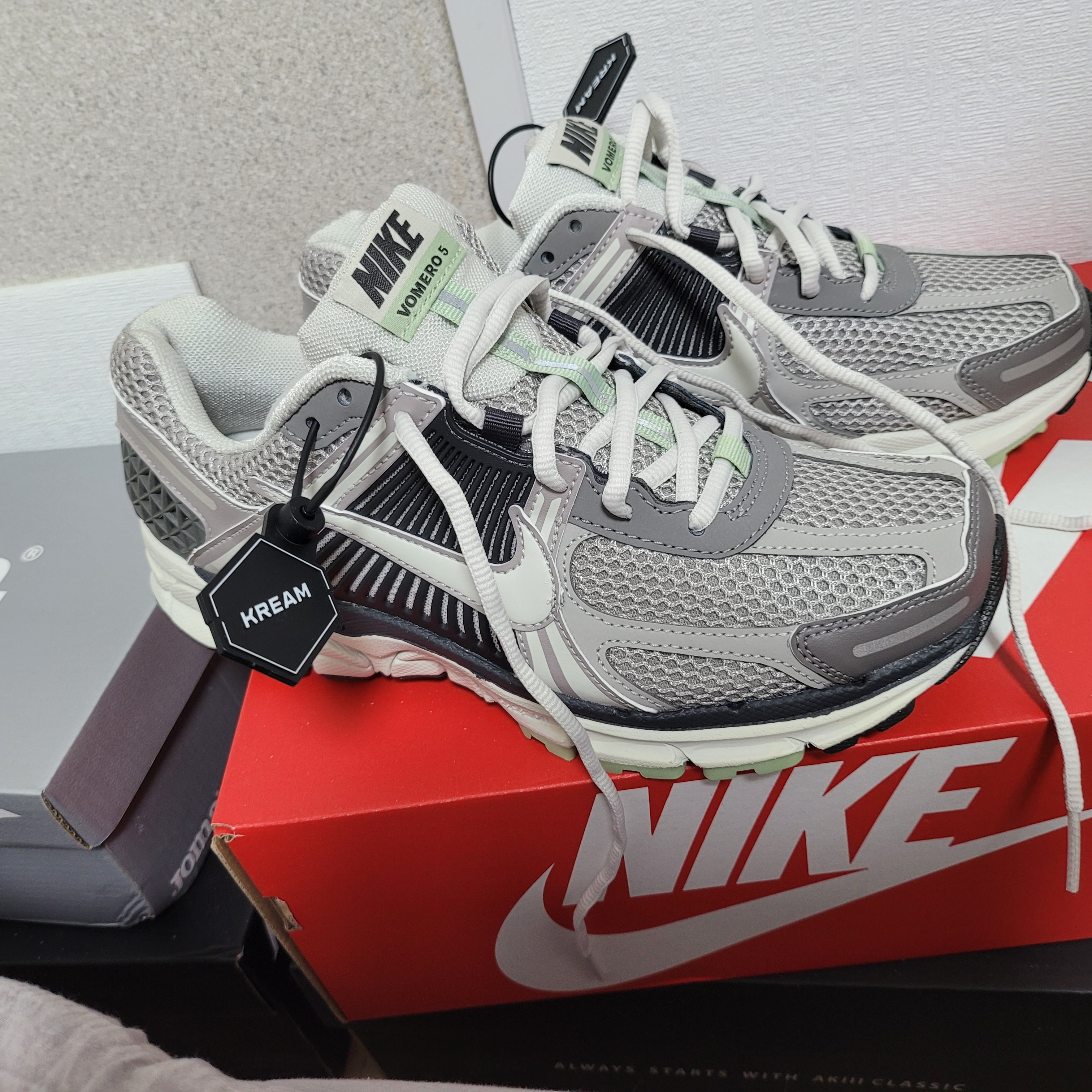(W) Nike Zoom Vomero 5 Cobblestone and Flat Pewter 착용 스타일
