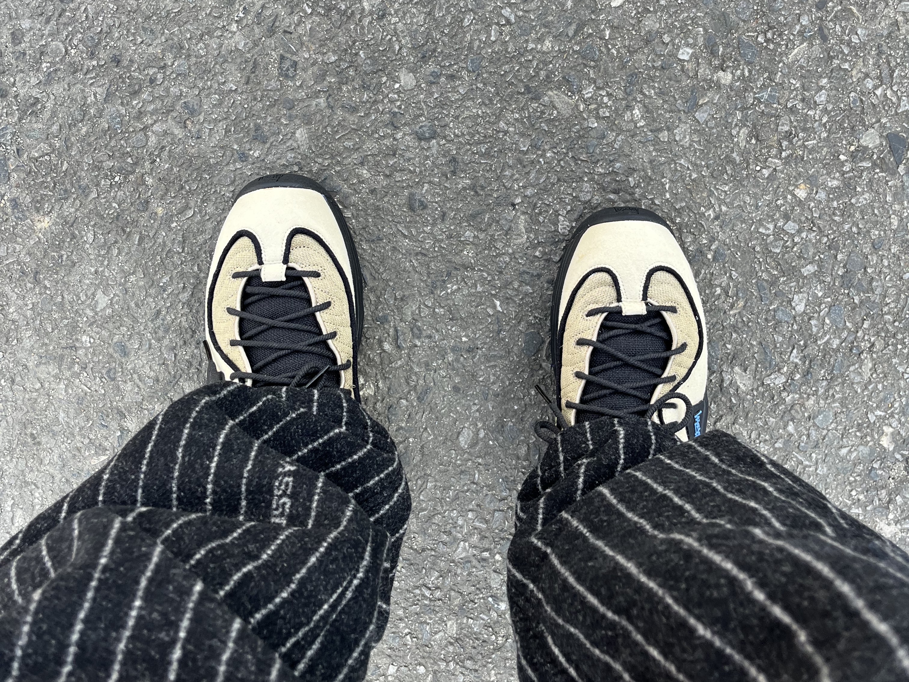 Nike x Stussy Air Penny II Rattan and Limestone, Nike x Stussy NRG Striped Wool Pants Black (DR4021-010) 착용 스타일 - 1