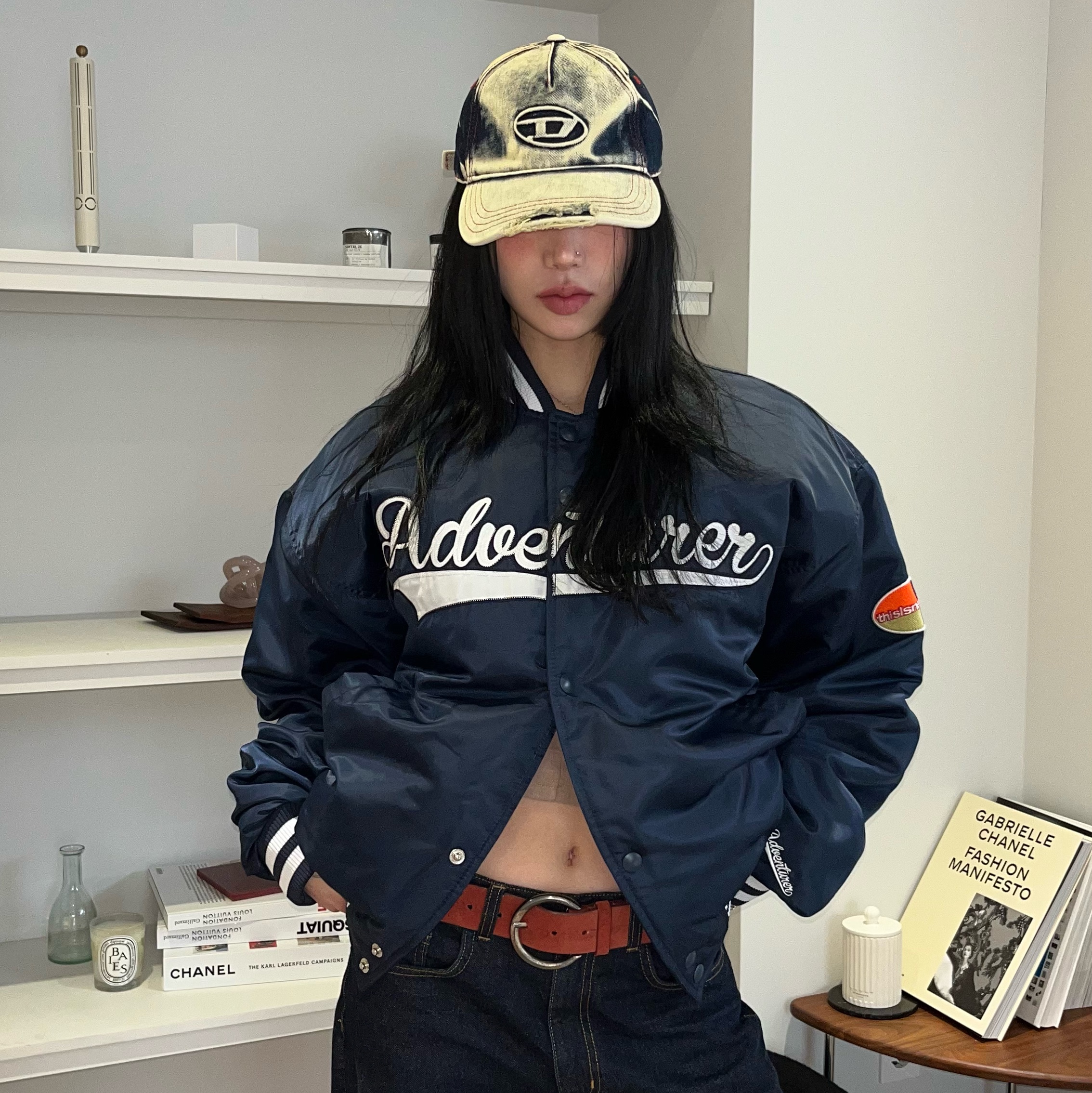 Diesel C-Seymon Treated Denim Baseball Cap Blue White 착용 스타일 - 2