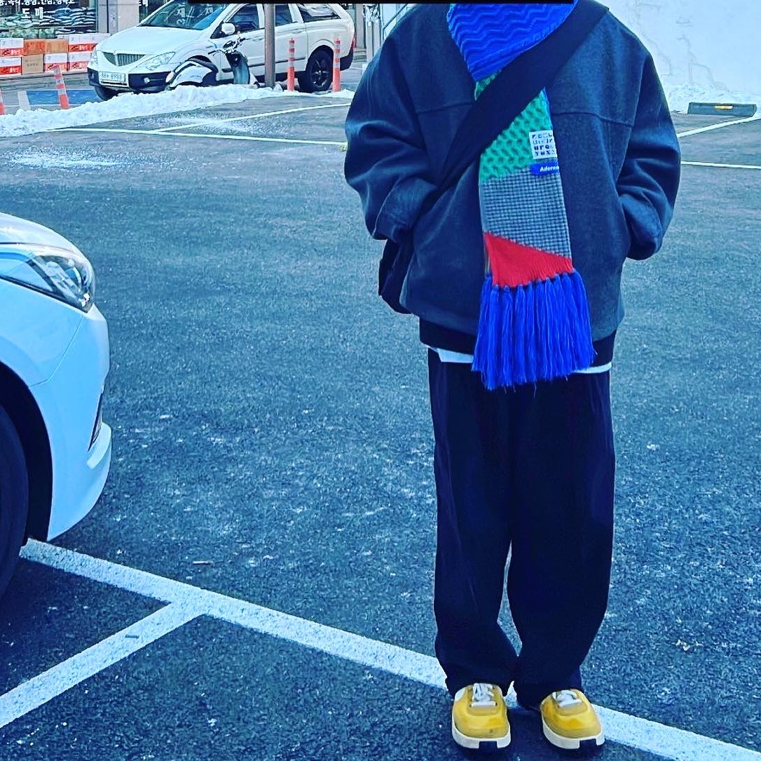 Ader Error x Zara Scarf Blue, Supreme x Dickies Sweater Black - 22FW 착용 스타일