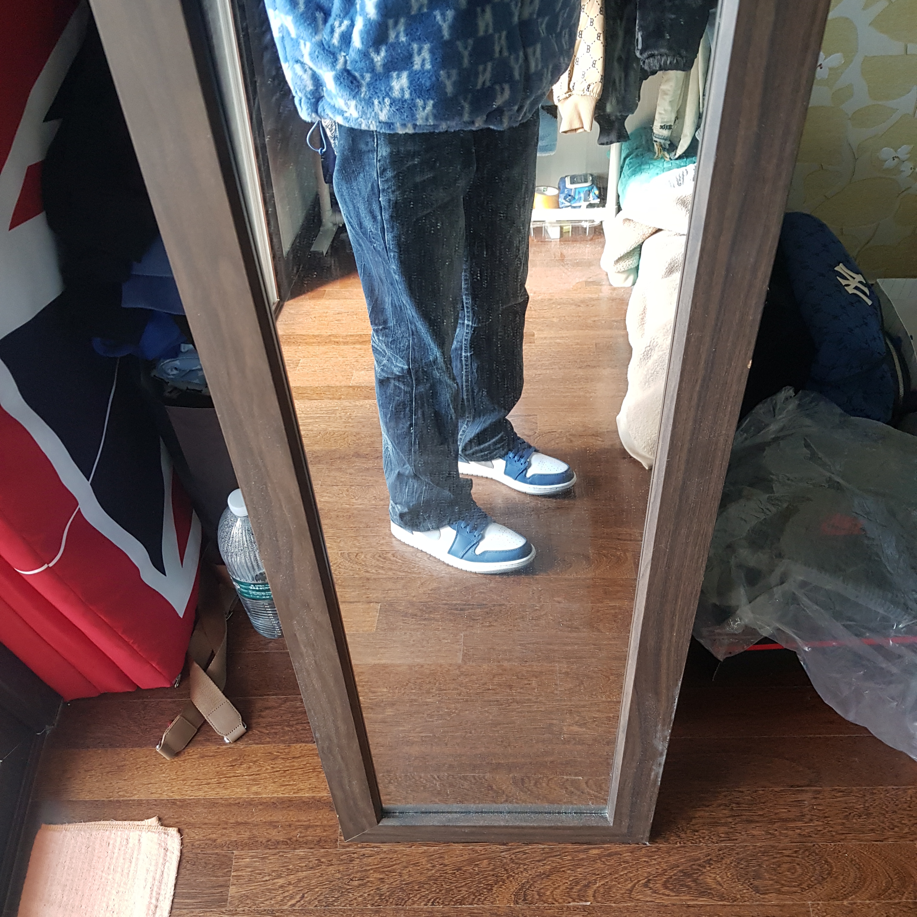 Jordan 1 Low True Blue Cement Grey, (W) Jordan 1 Elevate Low SE University Blue 착용 스타일 - 2