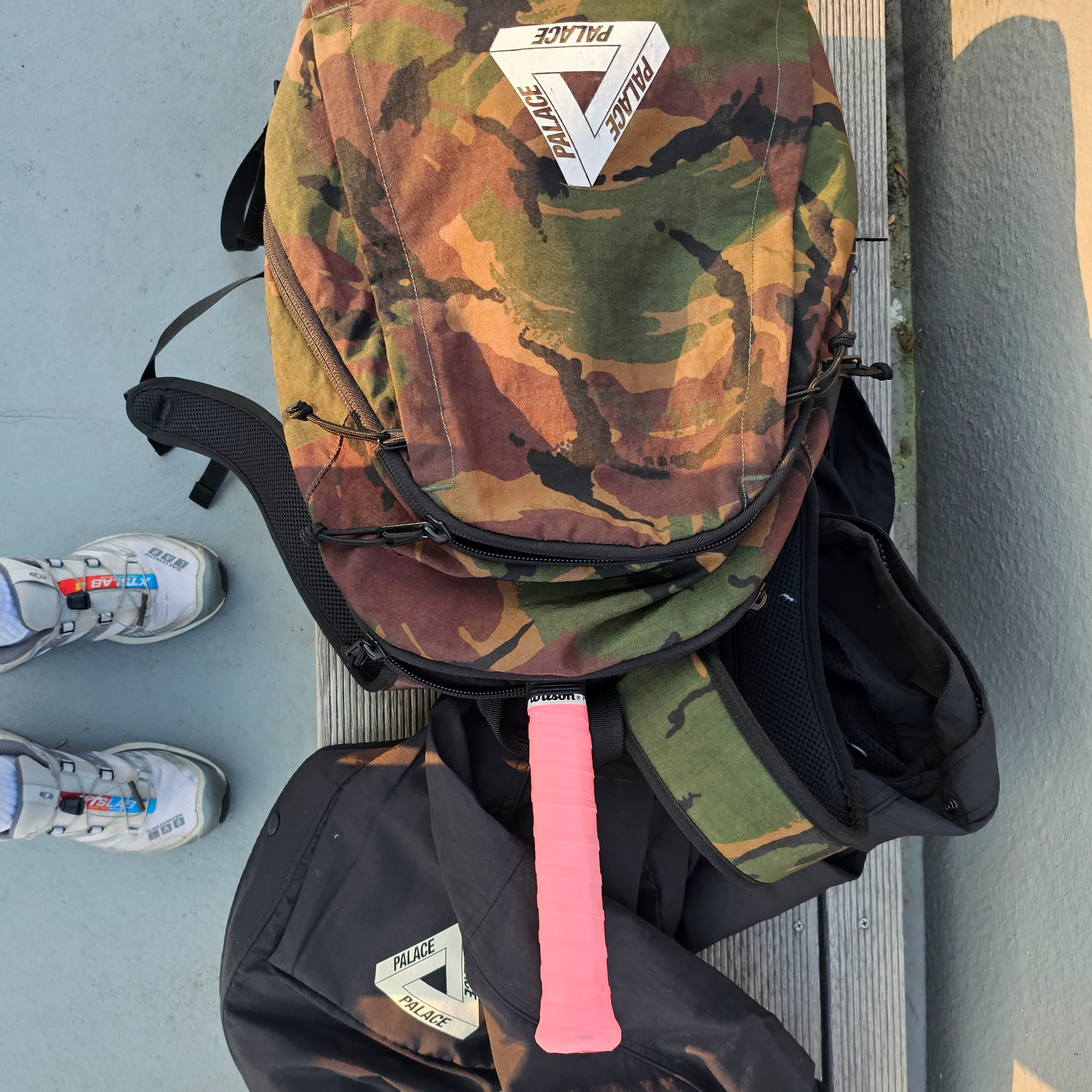 Palace Gone Fishing Jacket Black - 23SS, Palace Clipper Bag Camo - 18SS 착용 스타일